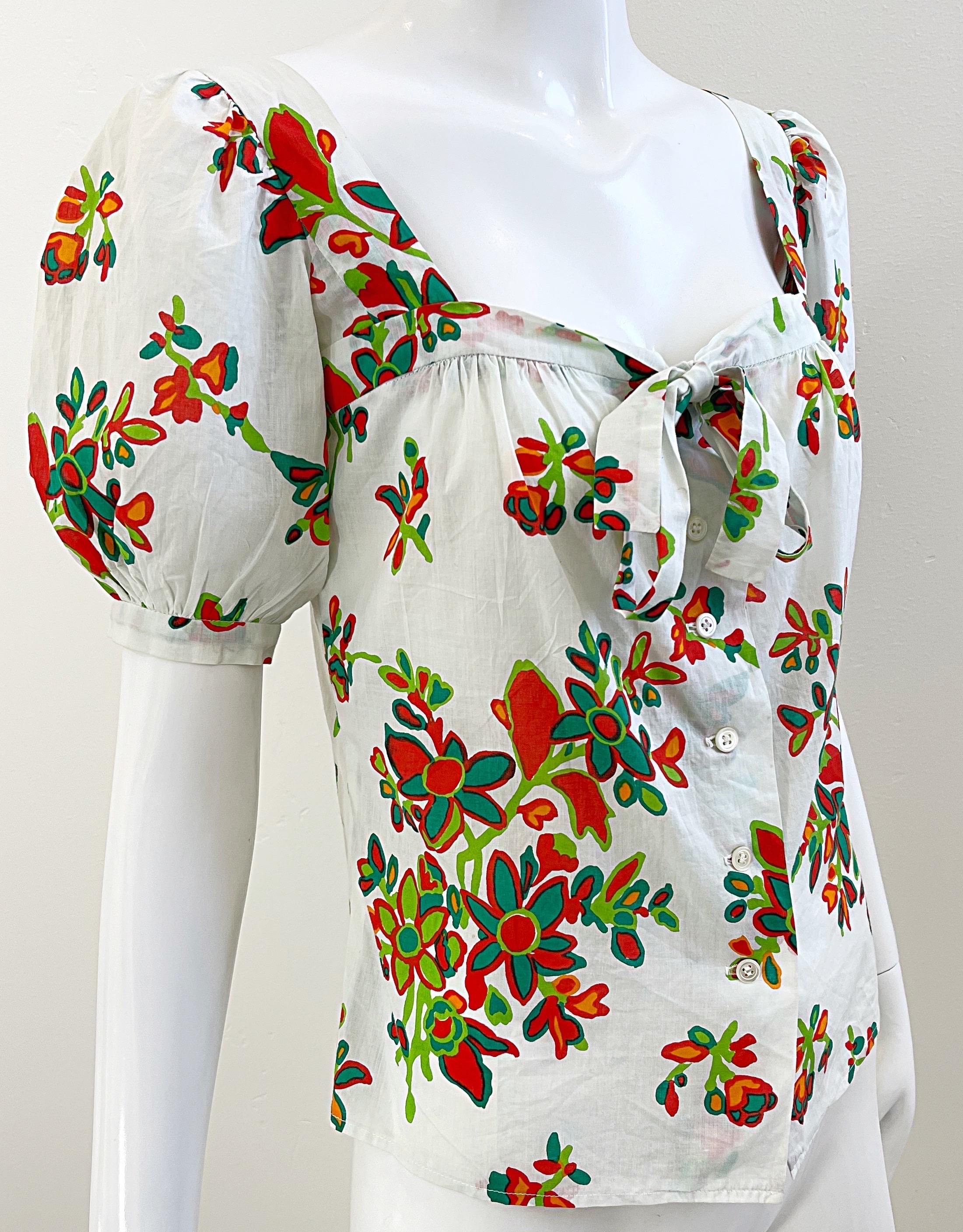 Women's 1970s Yves Saint Laurent YSL Cotton Abstract Floral Print Size 34 Blouse 70s Top For Sale