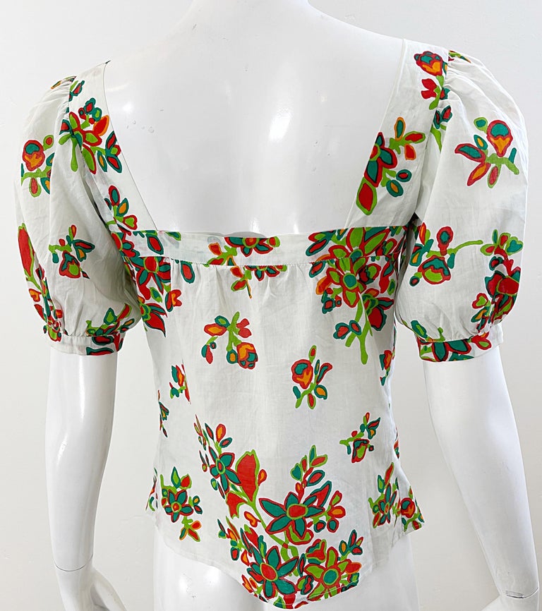 1970s Yves Saint Laurent YSL Cotton Abstract Floral Print Size 34 Blouse 70s Top For Sale 4