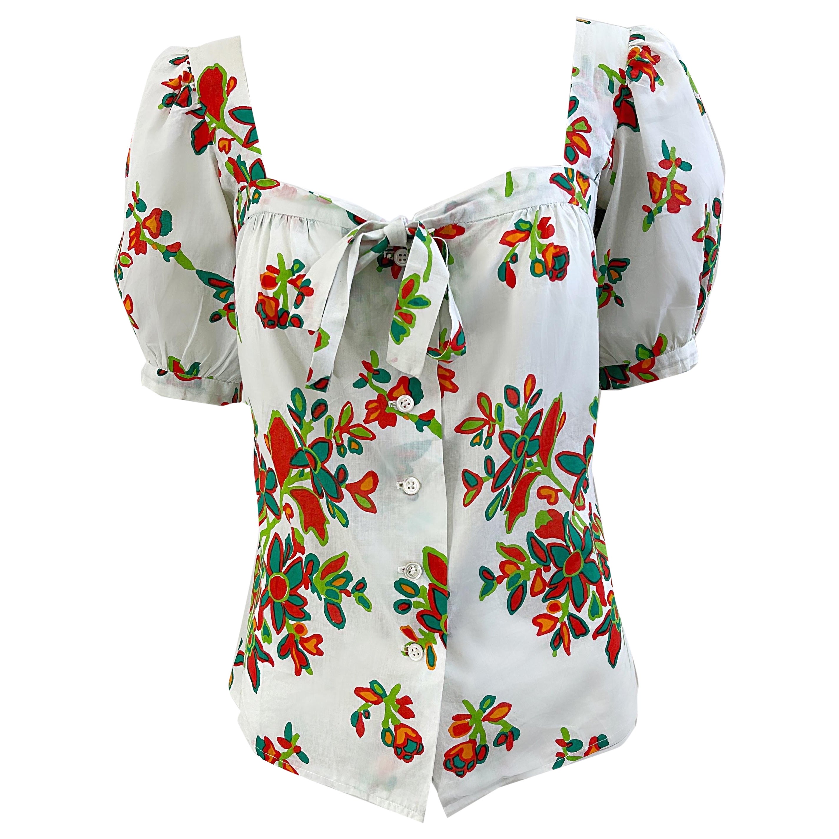 1970er Jahre Yves Saint Laurent YSL Baumwolle Abstrakt Floral Print Größe 34 Bluse 70er Jahre Top