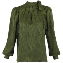 Vintage 1970's Yves Saint Laurent YSL Green Silk Blouse W/Neck Ties & Wave Pattern