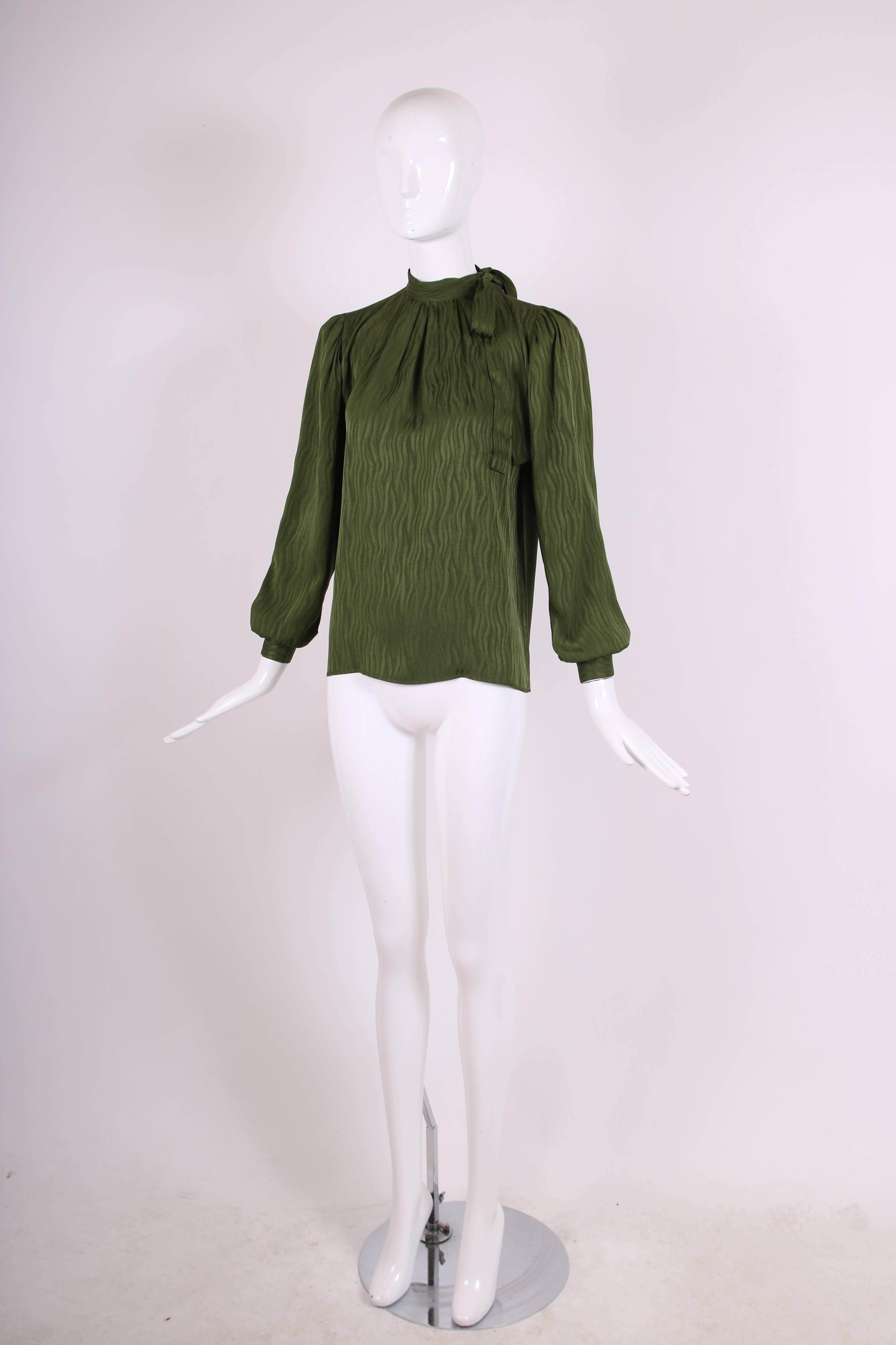 Black 1970's Yves Saint Laurent YSL Green Silk Blouse W/Neck Ties & Wave Pattern