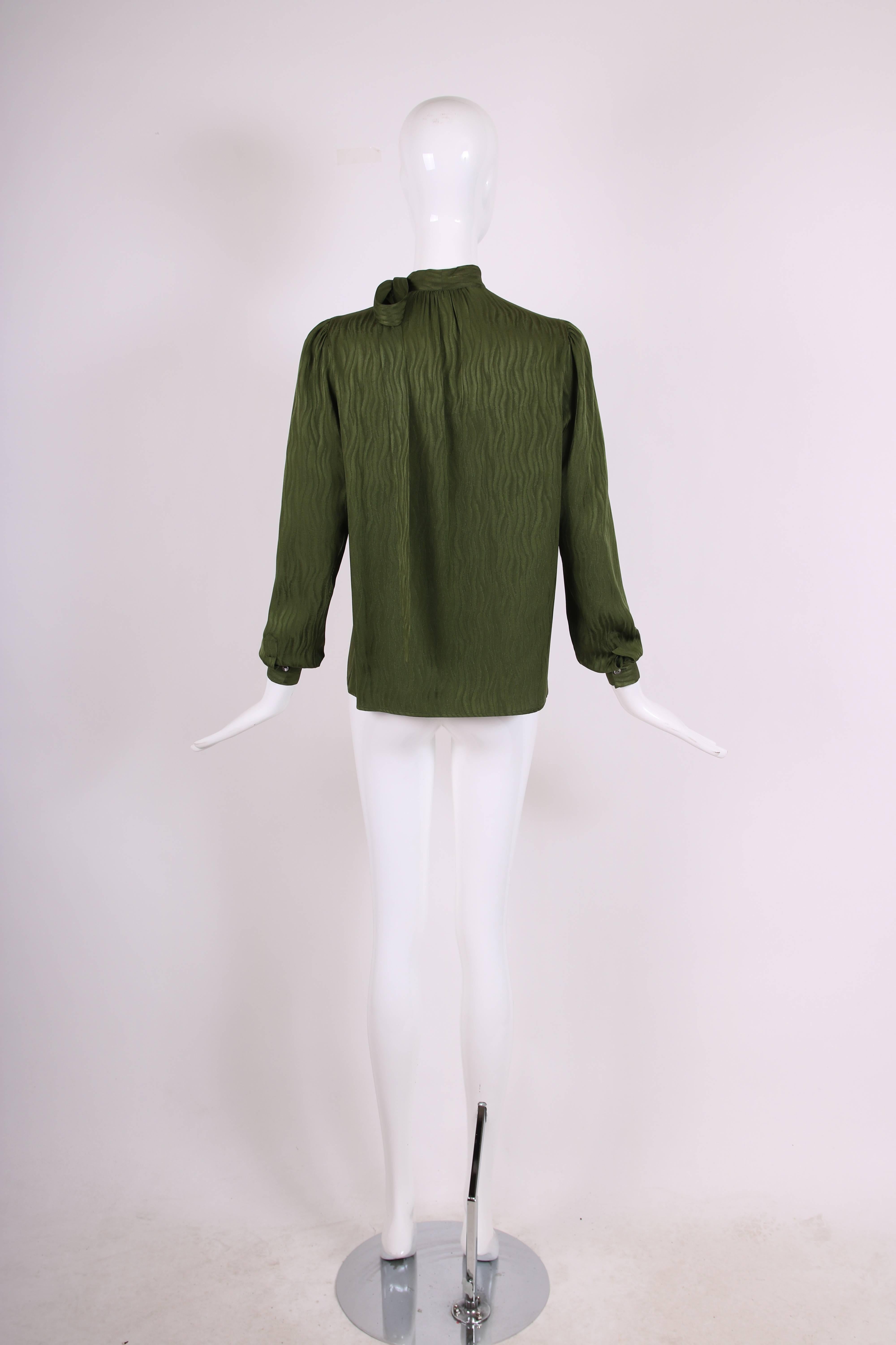 Women's 1970's Yves Saint Laurent YSL Green Silk Blouse W/Neck Ties & Wave Pattern