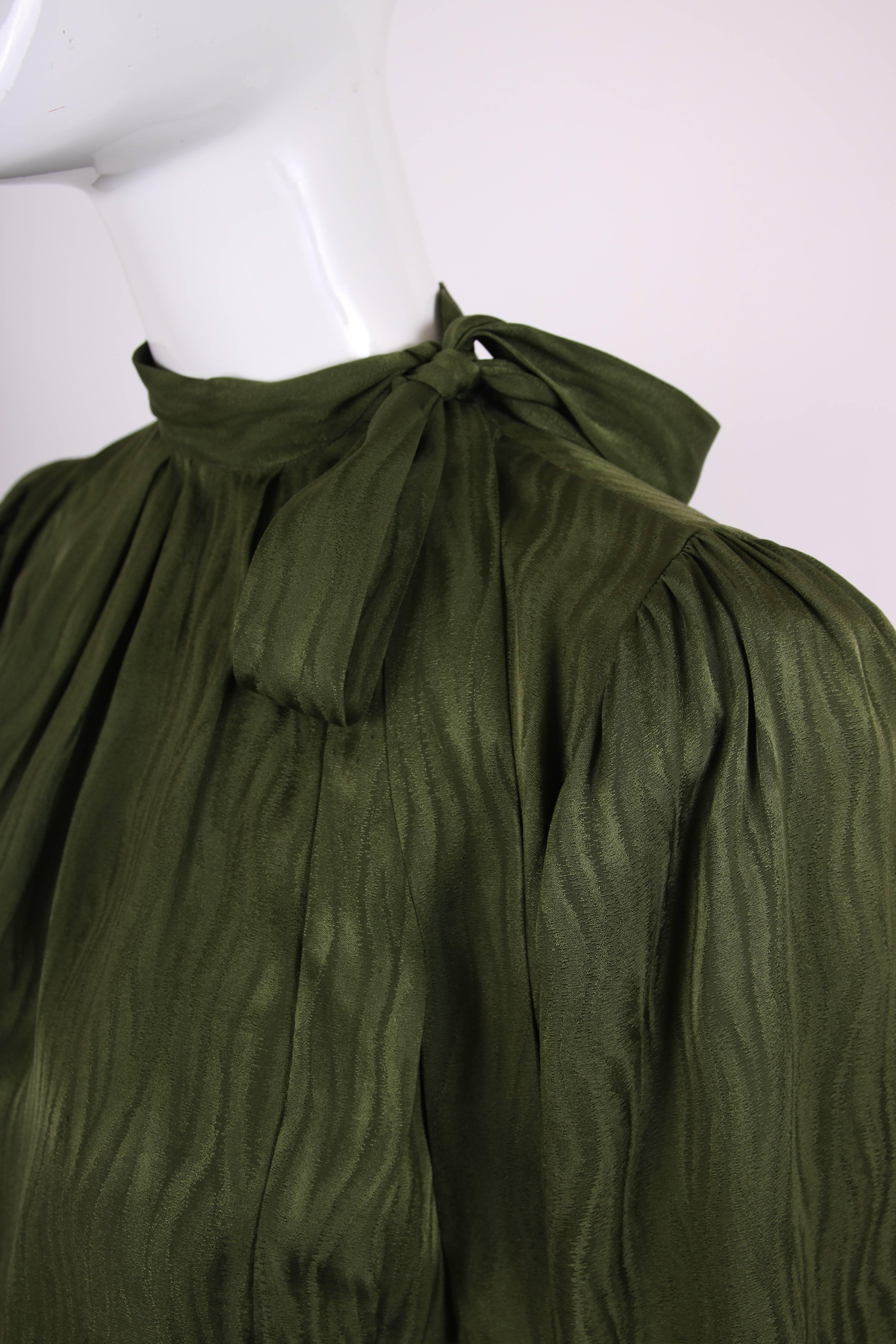 1970's Yves Saint Laurent YSL Green Silk Blouse W/Neck Ties & Wave Pattern 1