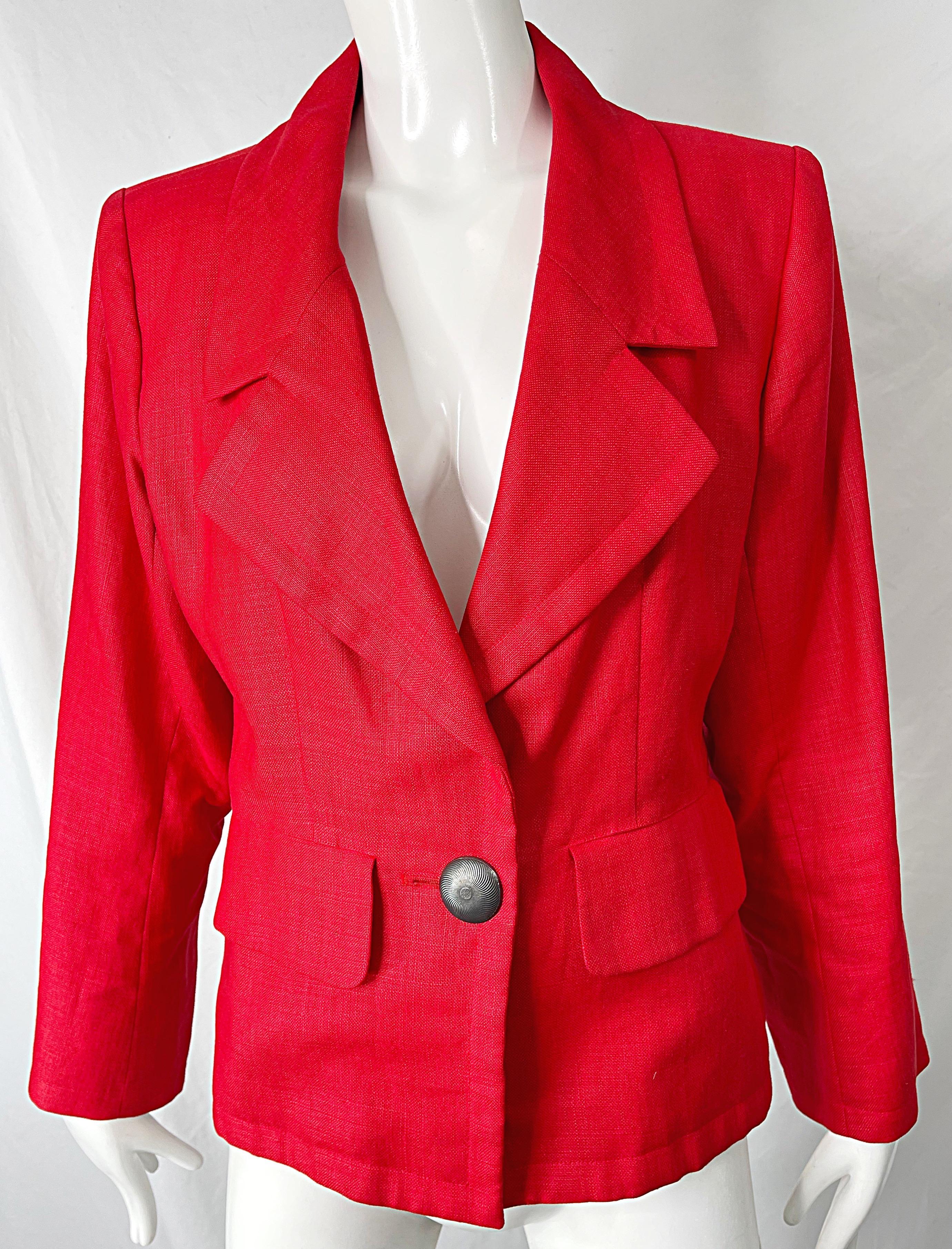 1990s Yves Saint Laurent YSL Lipstick Red Linen Vintage 90s Blazer Jacket For Sale 3