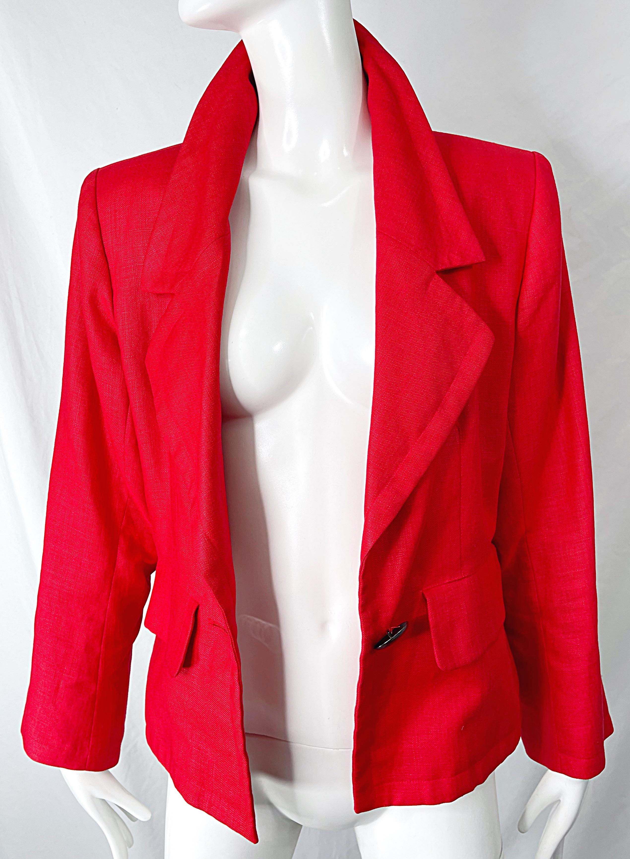 1990s Yves Saint Laurent YSL Lipstick Red Linen Vintage 90s Blazer Jacket For Sale 5