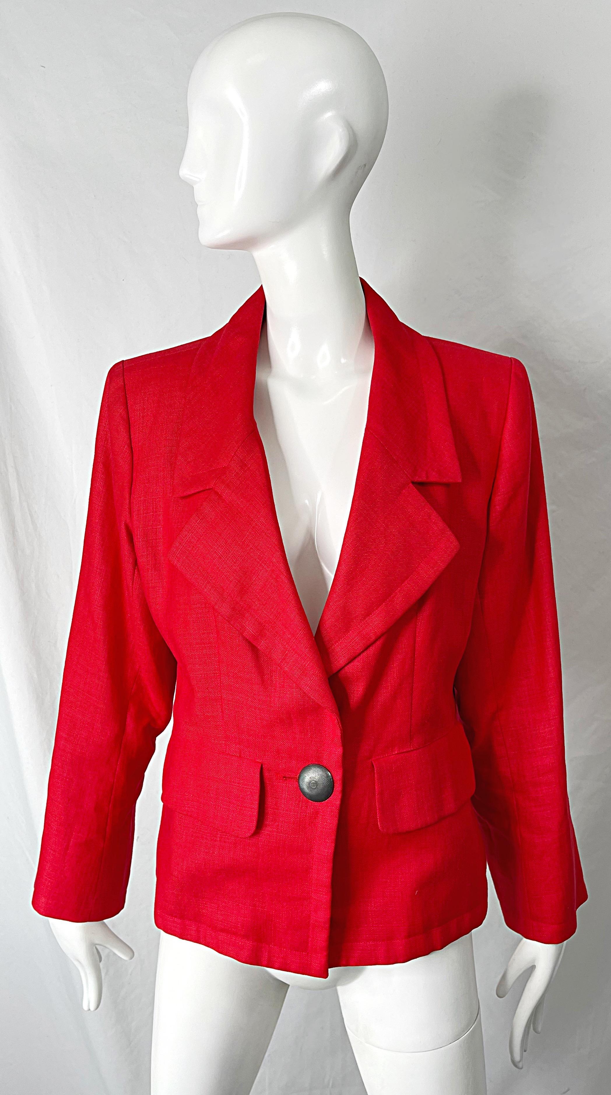 Chic early 90s YVES SAINT LAURENT Rive Gauche lipstick red linen smoking blazer jacket ! Features a vibrant red color that is perfect anytime of year. Gunmetal metal button at center waist and three at each sleeve cuff. Fully lined. Exaggerated