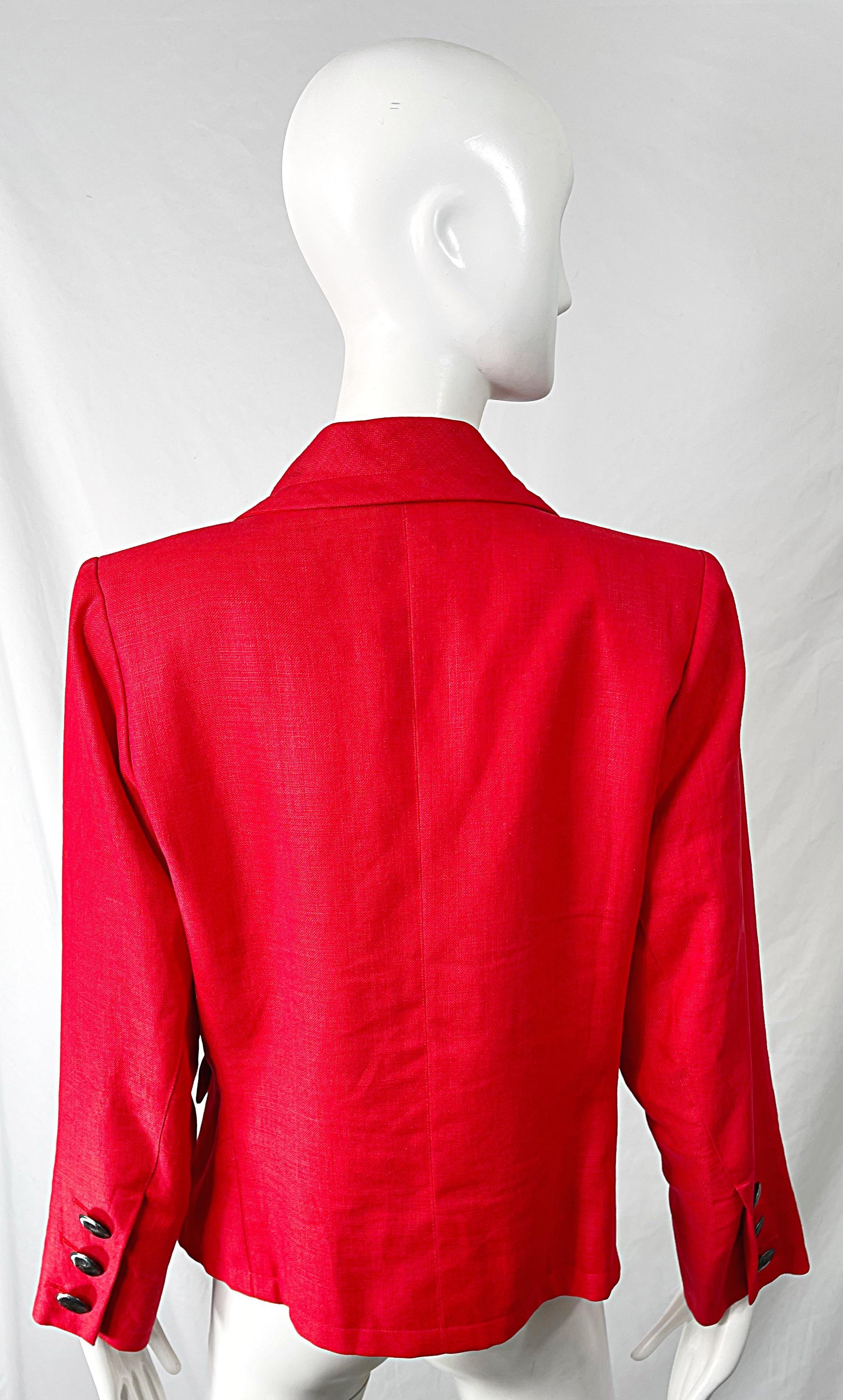 1990s Yves Saint Laurent YSL Lipstick Red Linen Vintage 90s Blazer Jacket In Excellent Condition For Sale In San Diego, CA