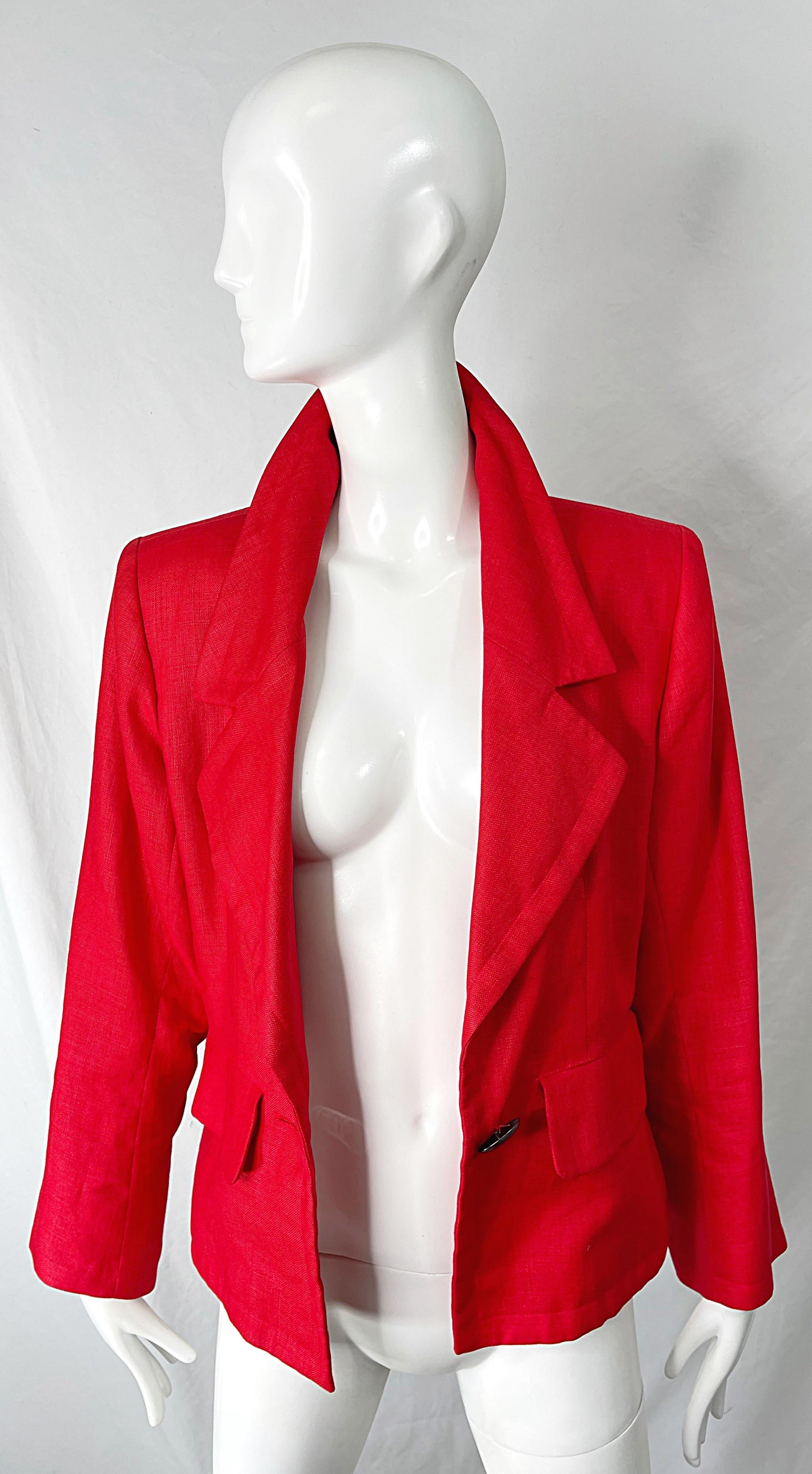 Women's 1990s Yves Saint Laurent YSL Lipstick Red Linen Vintage 90s Blazer Jacket For Sale