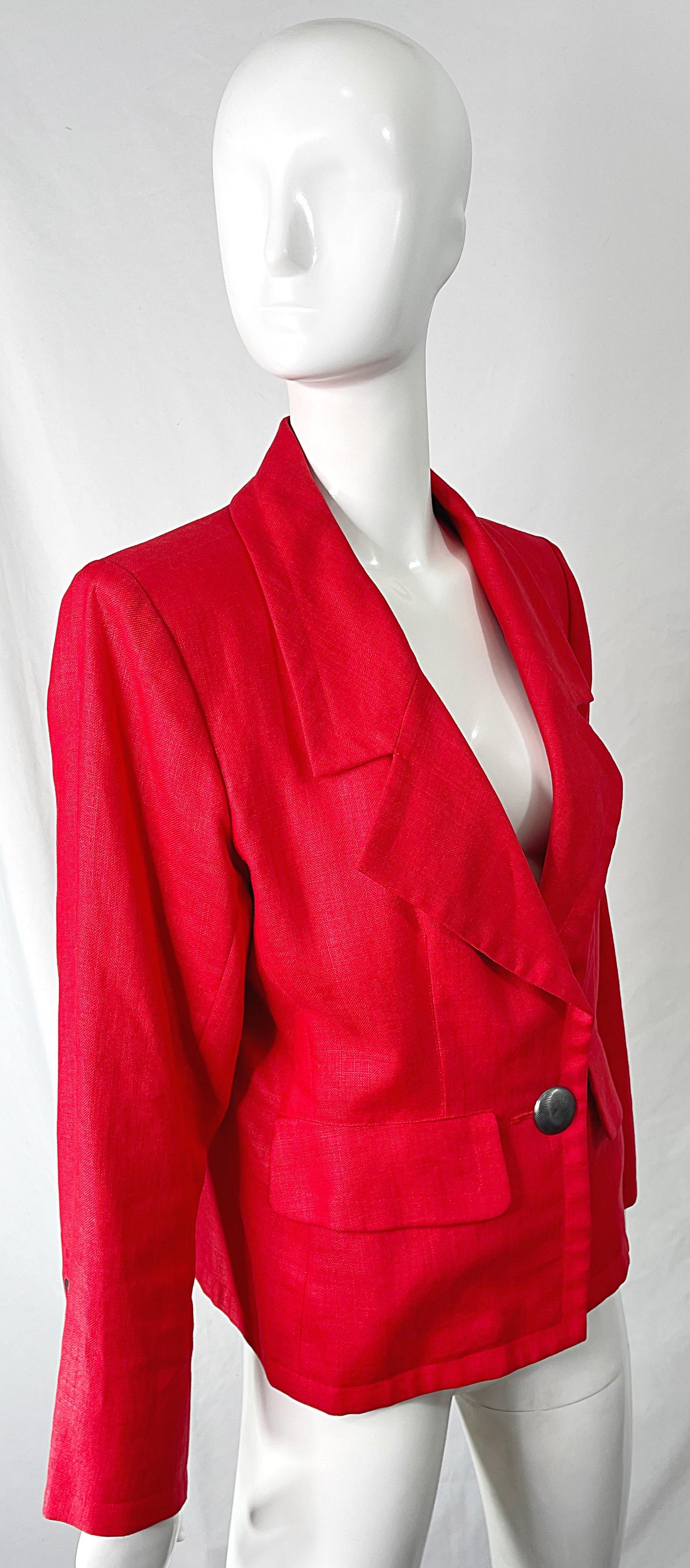 1990s Yves Saint Laurent YSL Lipstick Red Linen Vintage 90s Blazer Jacket For Sale 2
