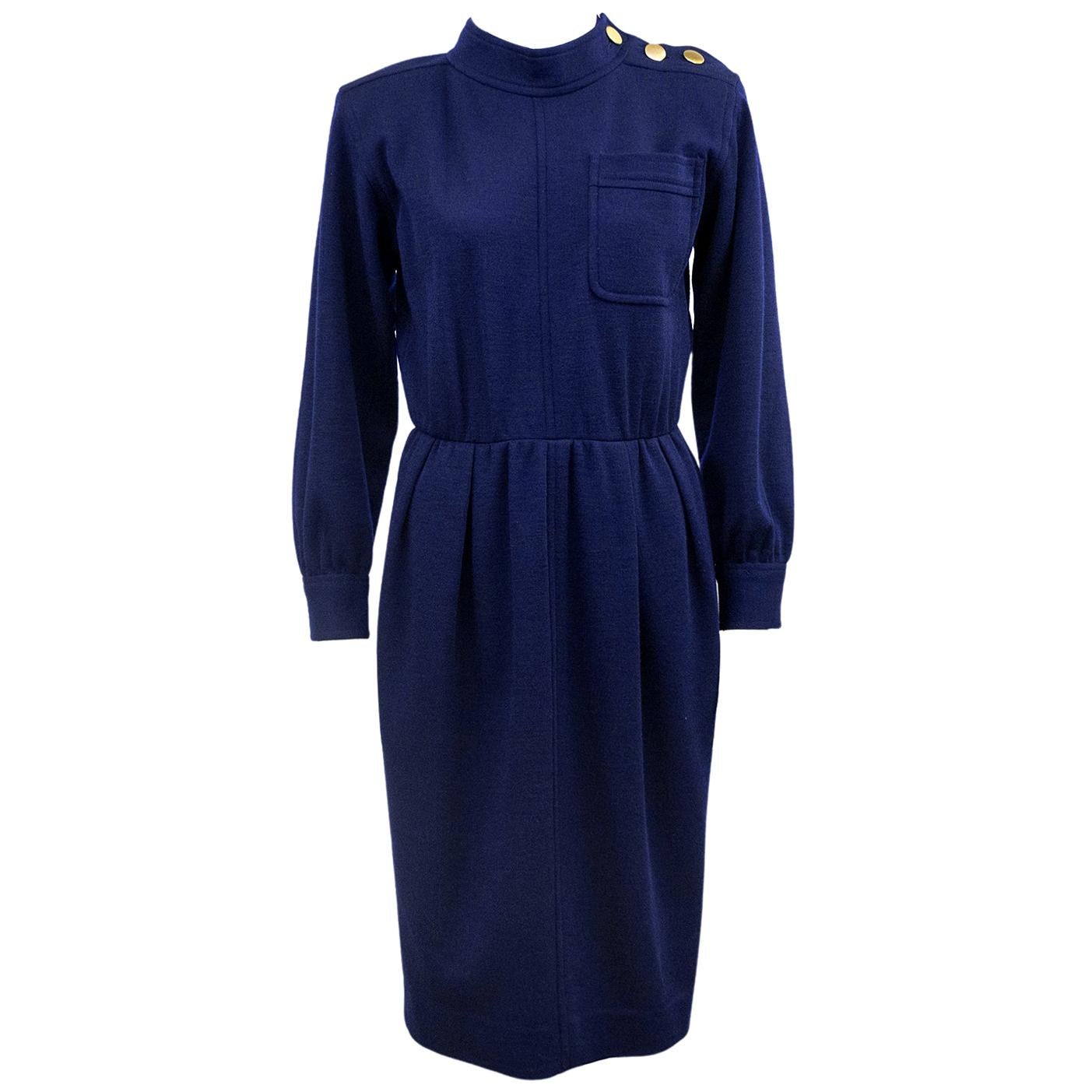 1970s Yves Saint Laurent/YSL Navy Wool Day Dress  For Sale