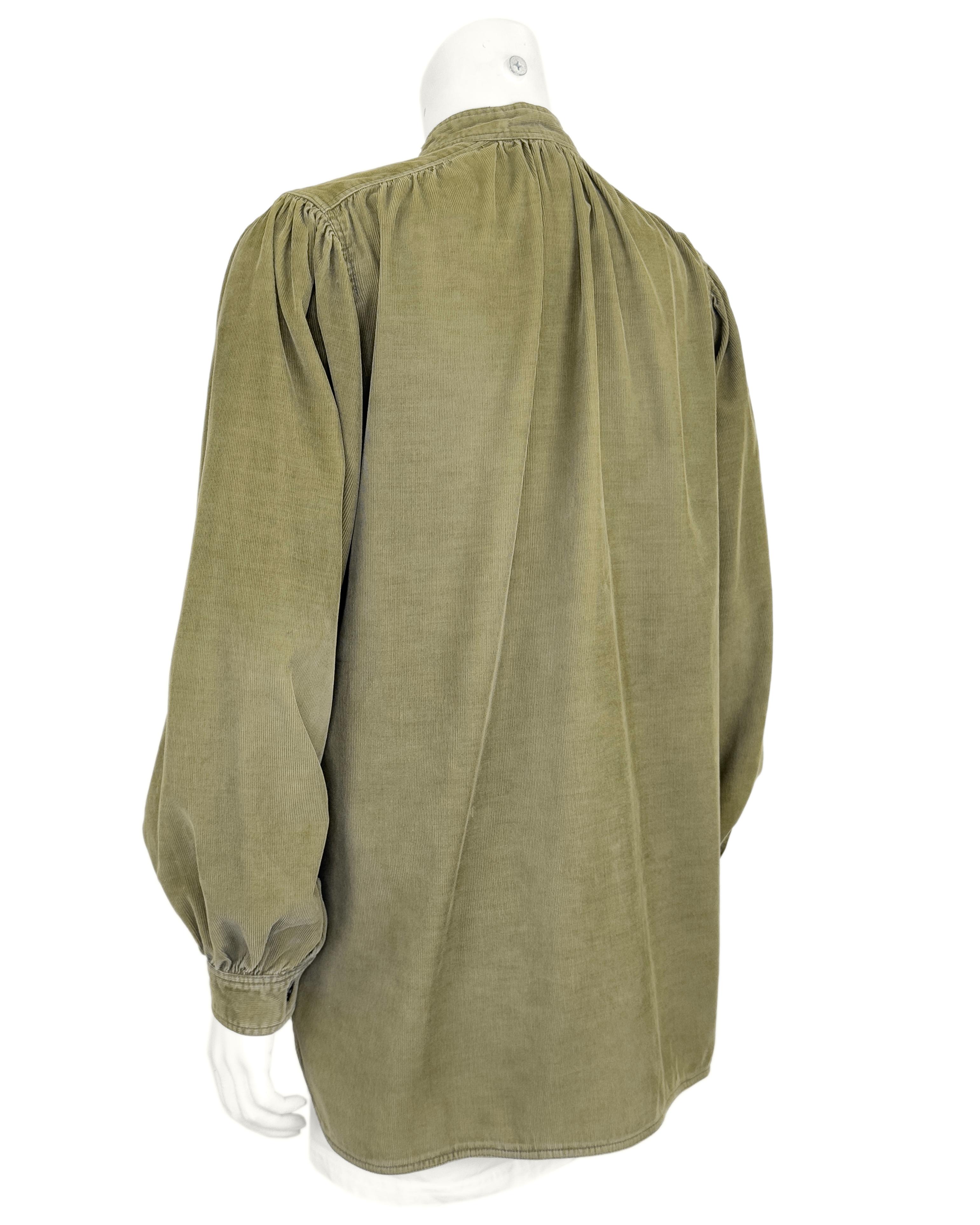Brown 1970's Yves Saint Laurent/YSL Olive Green Corduroy Peasant Blouse For Sale