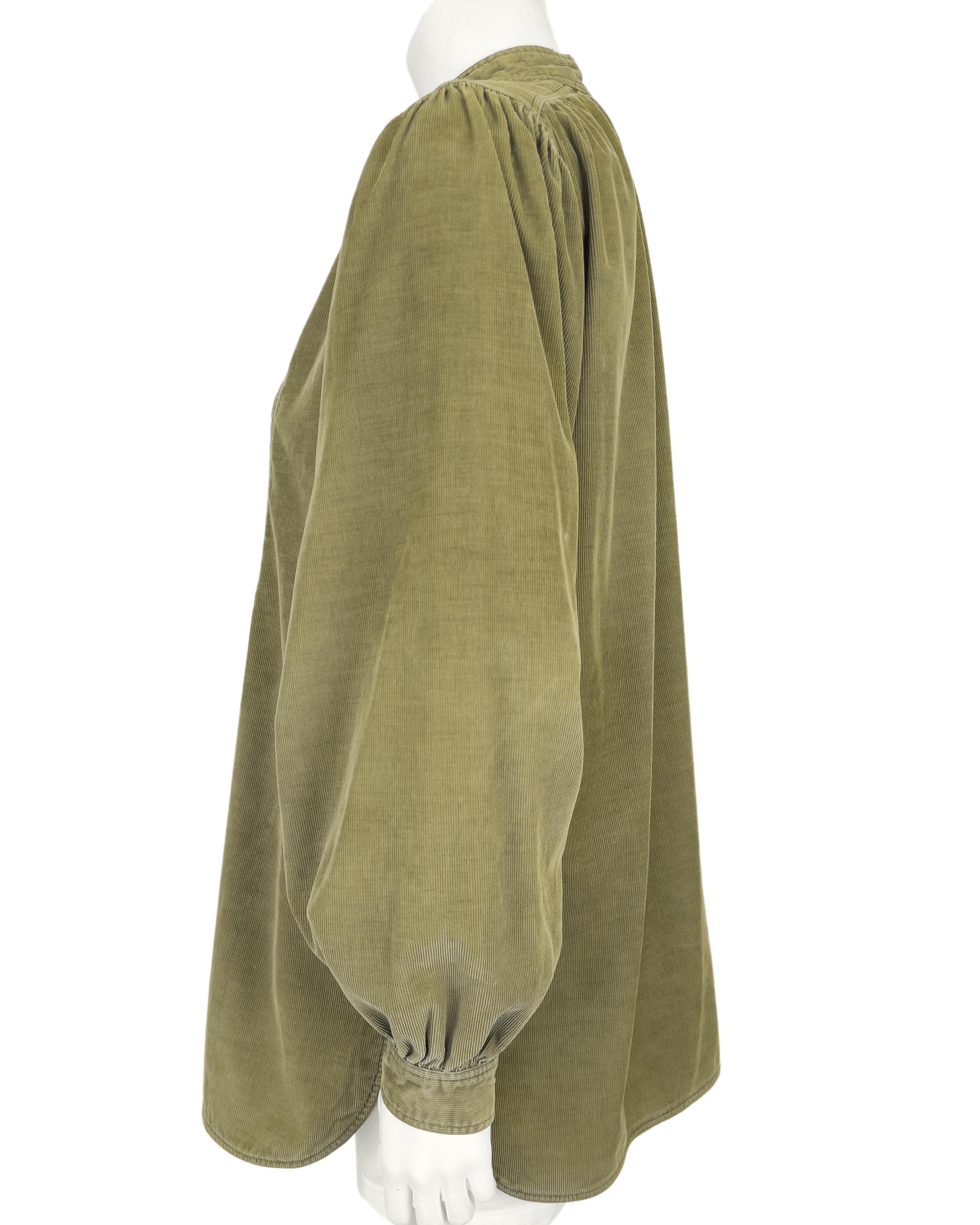 Women's or Men's 1970's Yves Saint Laurent/YSL Olive Green Corduroy Peasant Blouse For Sale