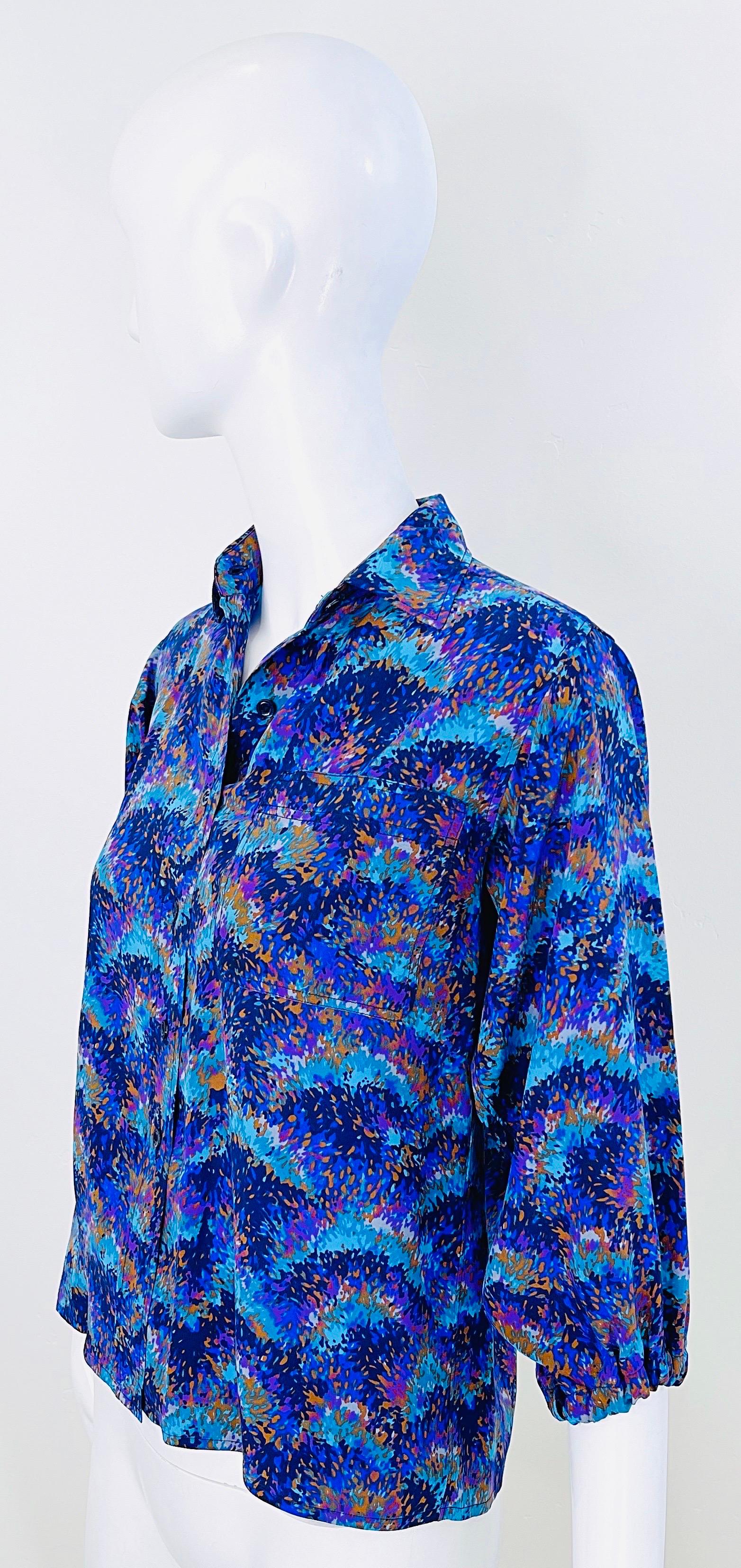 1970s Yves Saint Laurent YSL Rive Gauche Purple + Blue Vintage Silk 70s Blouse For Sale 8
