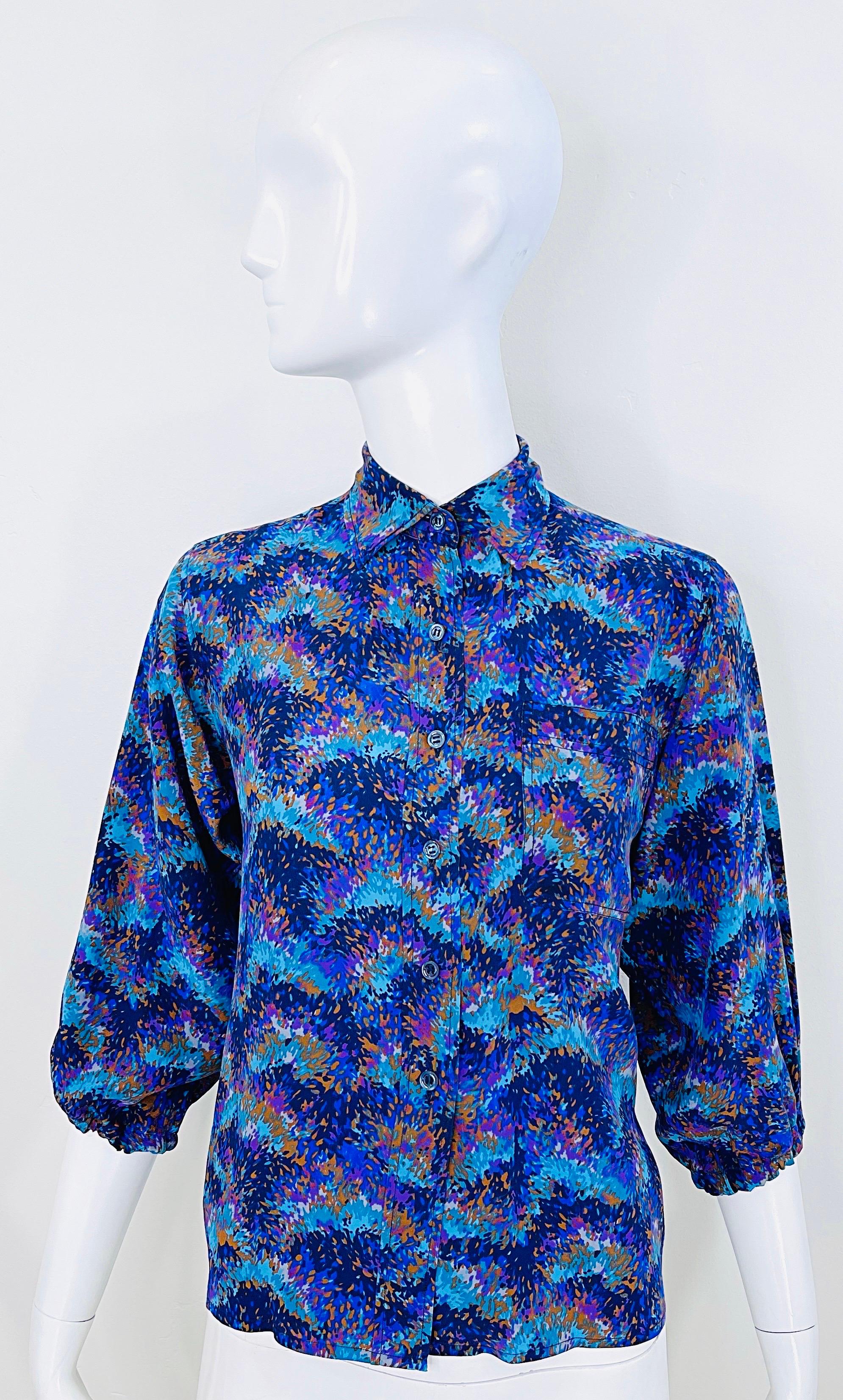 1970s Yves Saint Laurent YSL Rive Gauche Purple + Blue Vintage Silk 70s Blouse In Excellent Condition For Sale In San Diego, CA