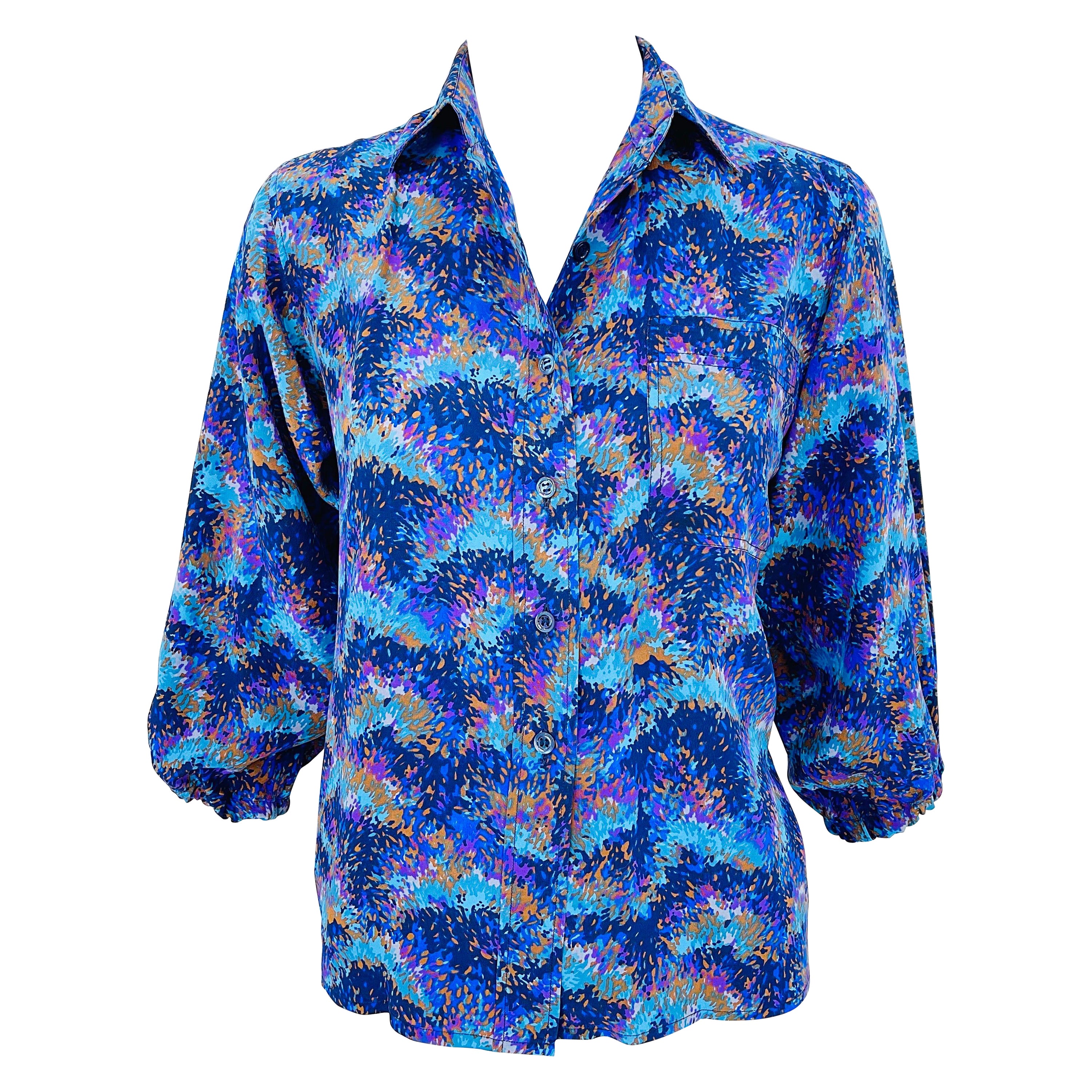 Chemisier en soie vintage violet et bleu Yves Saint Laurent YSL Rive Gauche, années 1970 en vente