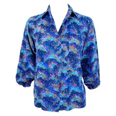 1970s Yves Saint Laurent YSL Rive Gauche Púrpura + Azul Vintage Seda 70s Blusa