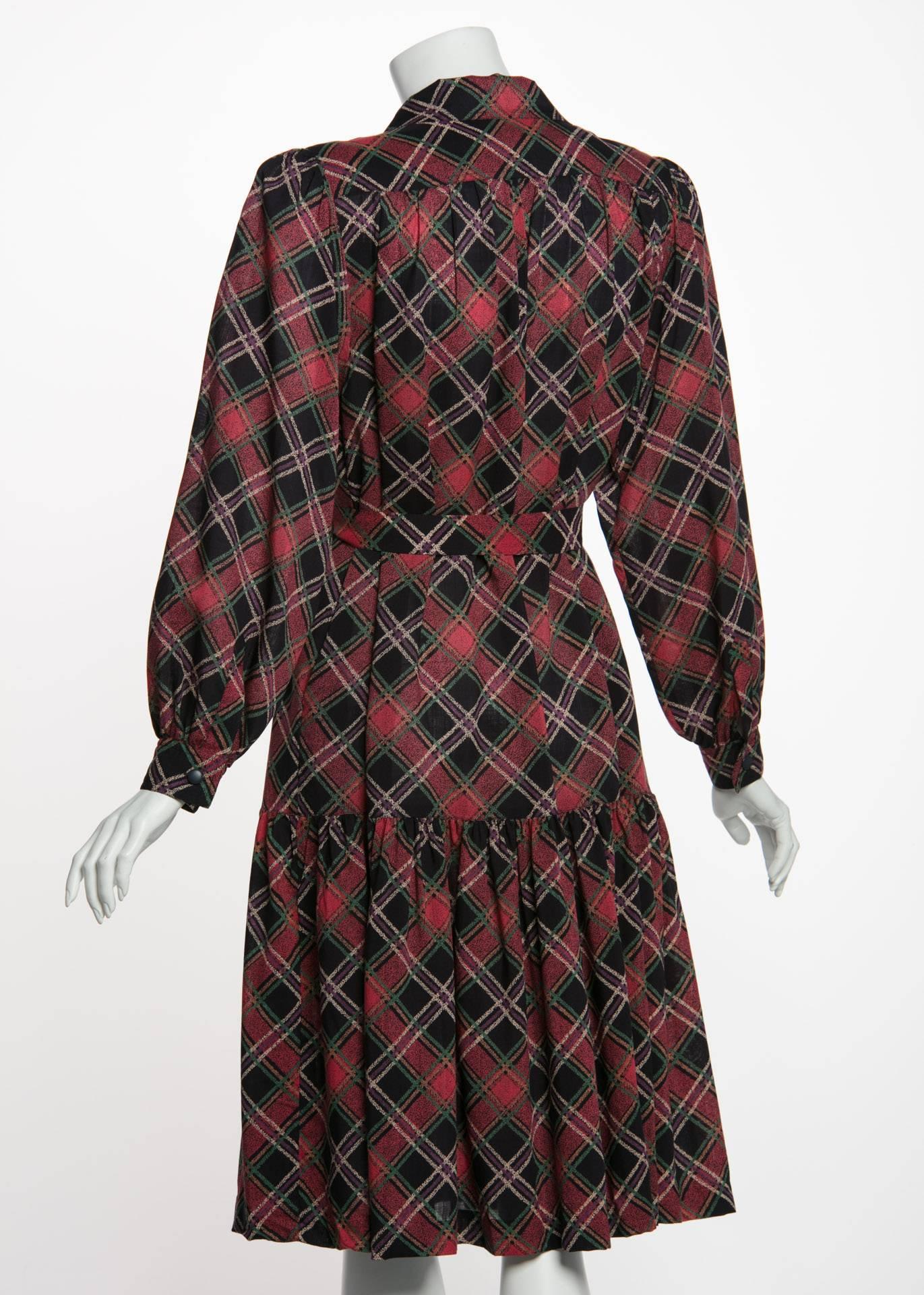 Black 1970's Yves Saint Laurent YSL Vintage Lightweight Wool Plaid Dress 