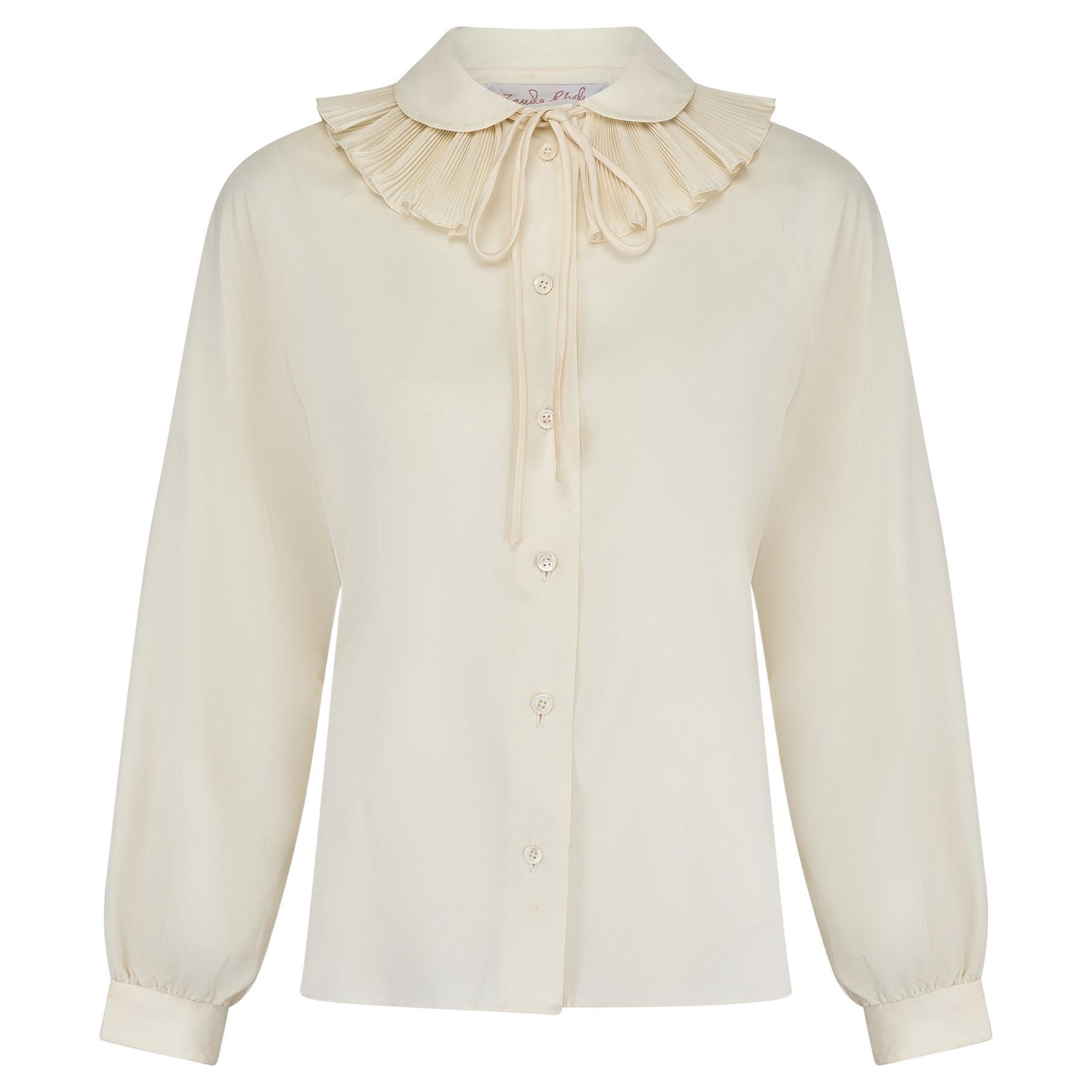 1970er Zandra Rhodes Cremefarbene Bluse mit abnehmbarem Rüschenkragen im Angebot