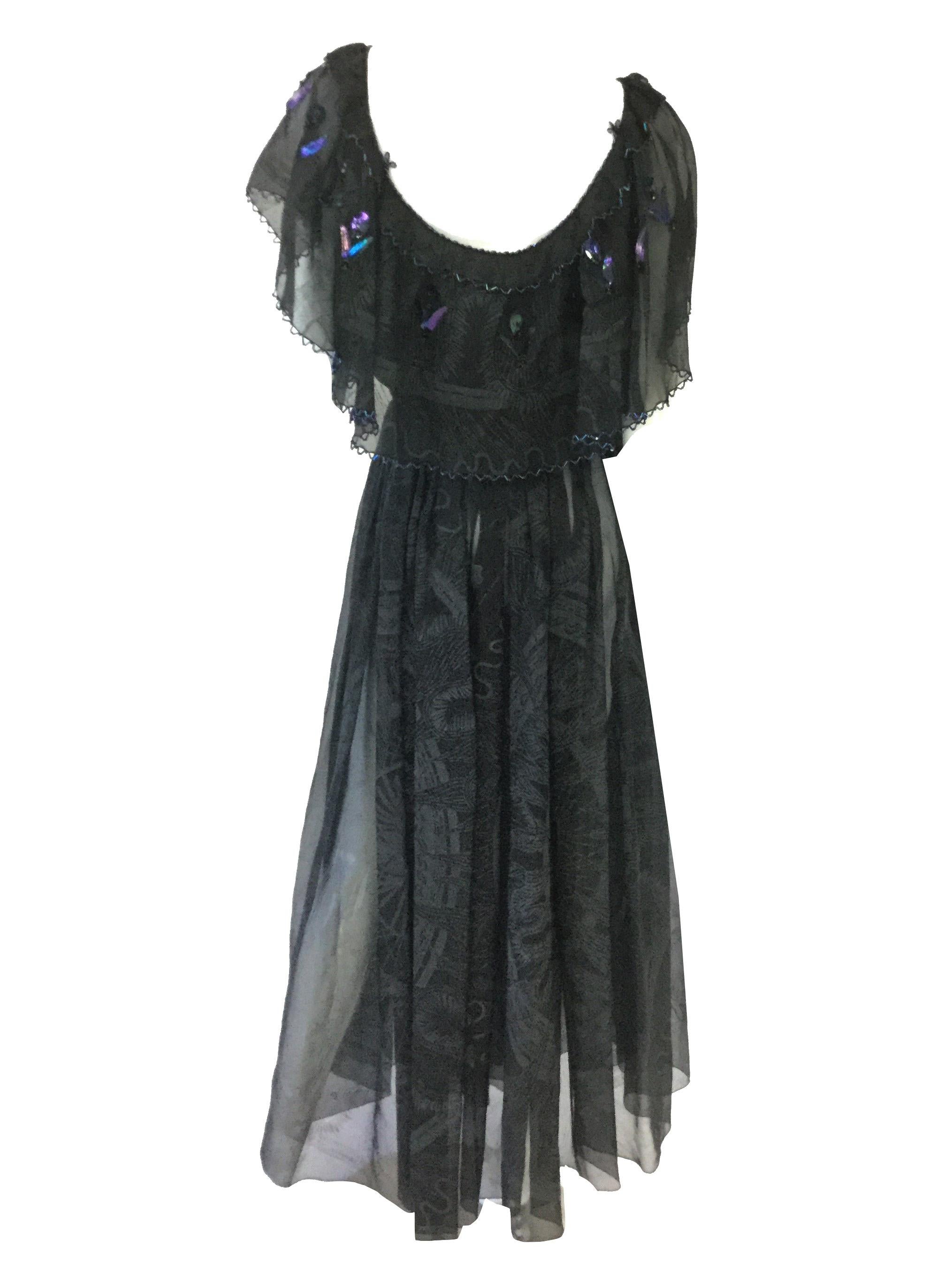 1970s Zandra Rhodes Hand Painted Black Silk Dress  In Good Condition For Sale In Houston, TX