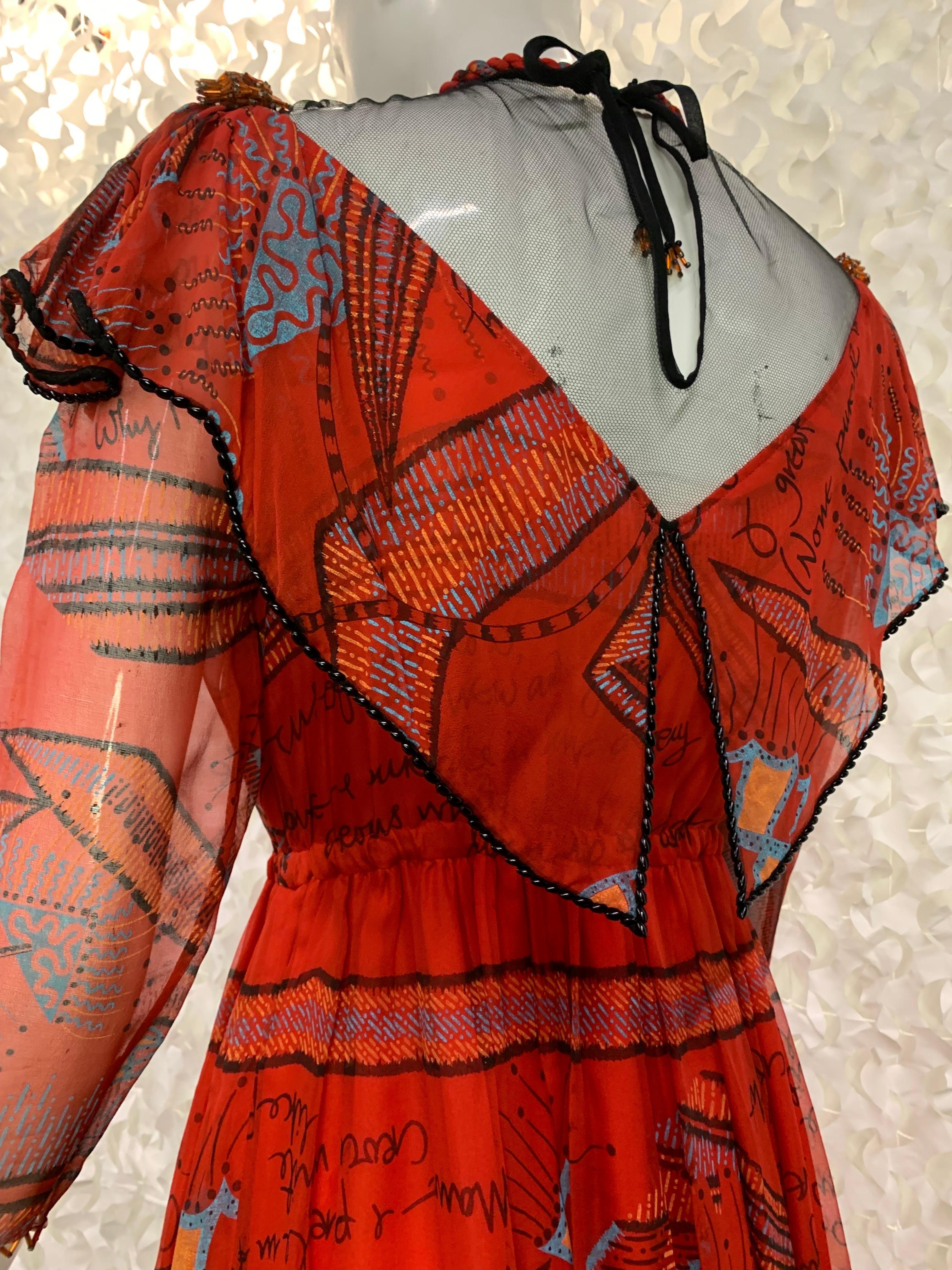 1970s Zandra Rhodes Red Silk Chiffon Print Boho London Maxi Dress w Bead Details For Sale 6