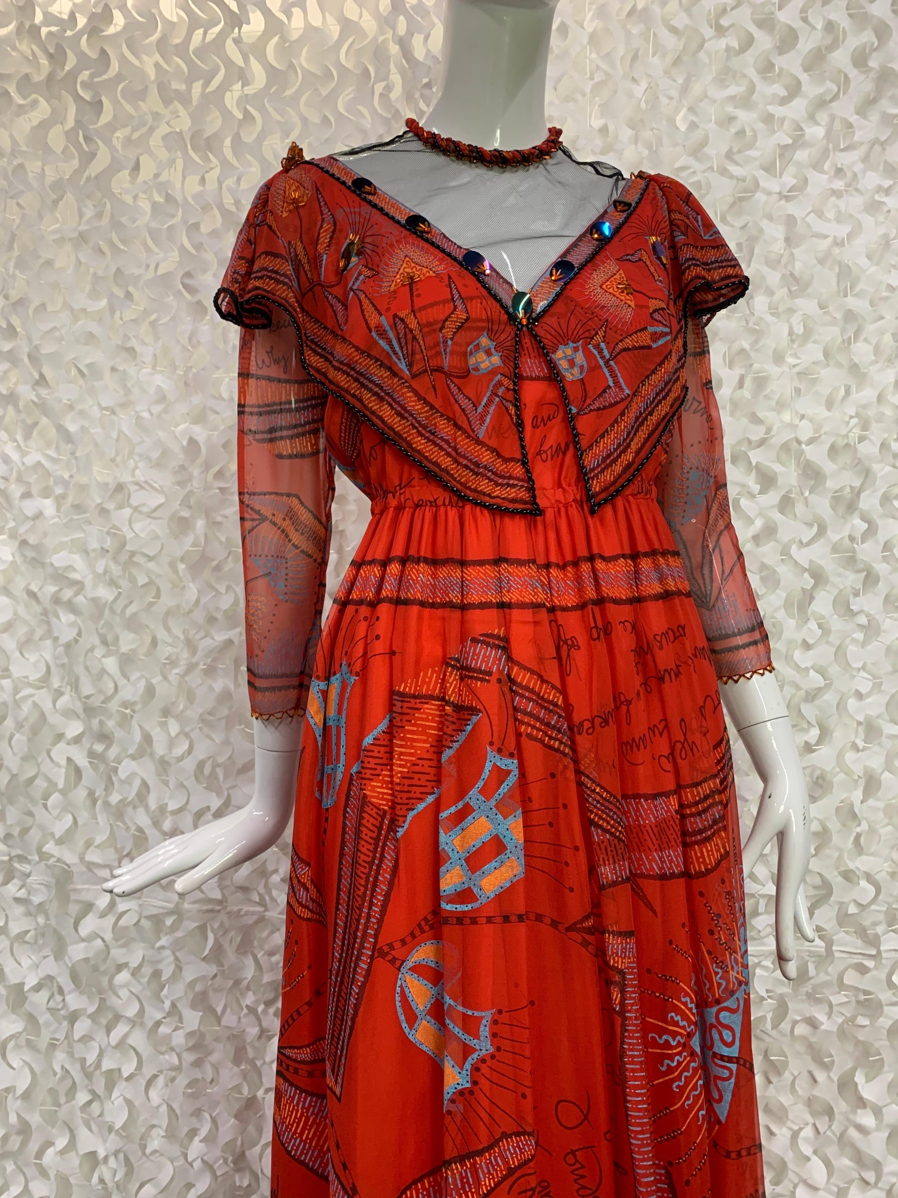 1970s Zandra Rhodes Red Silk Chiffon Print Boho London Maxi Dress w Bead Details For Sale 9