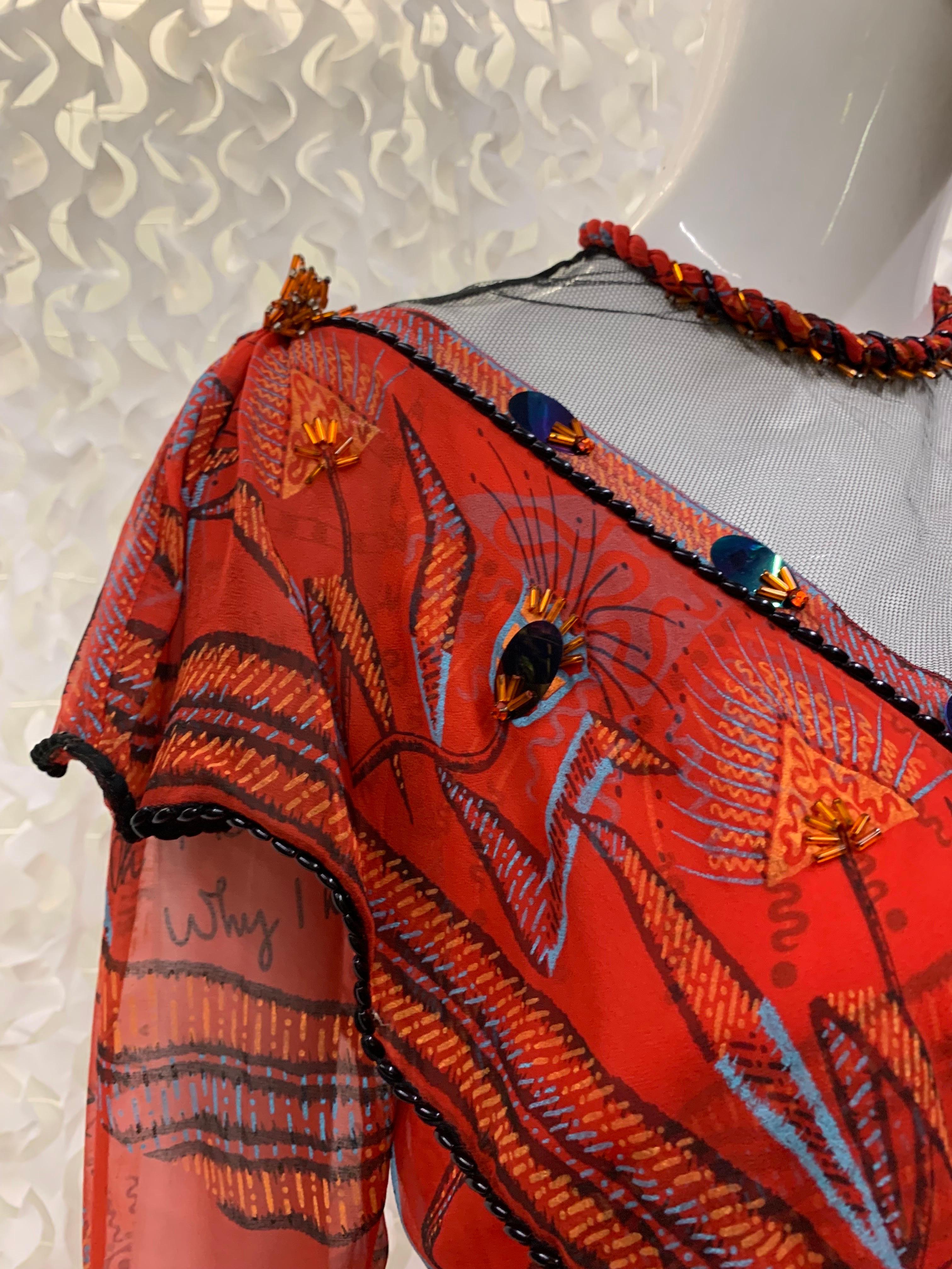 1970s Zandra Rhodes Red Silk Chiffon Print Boho London Maxi Dress w Bead Details For Sale 10