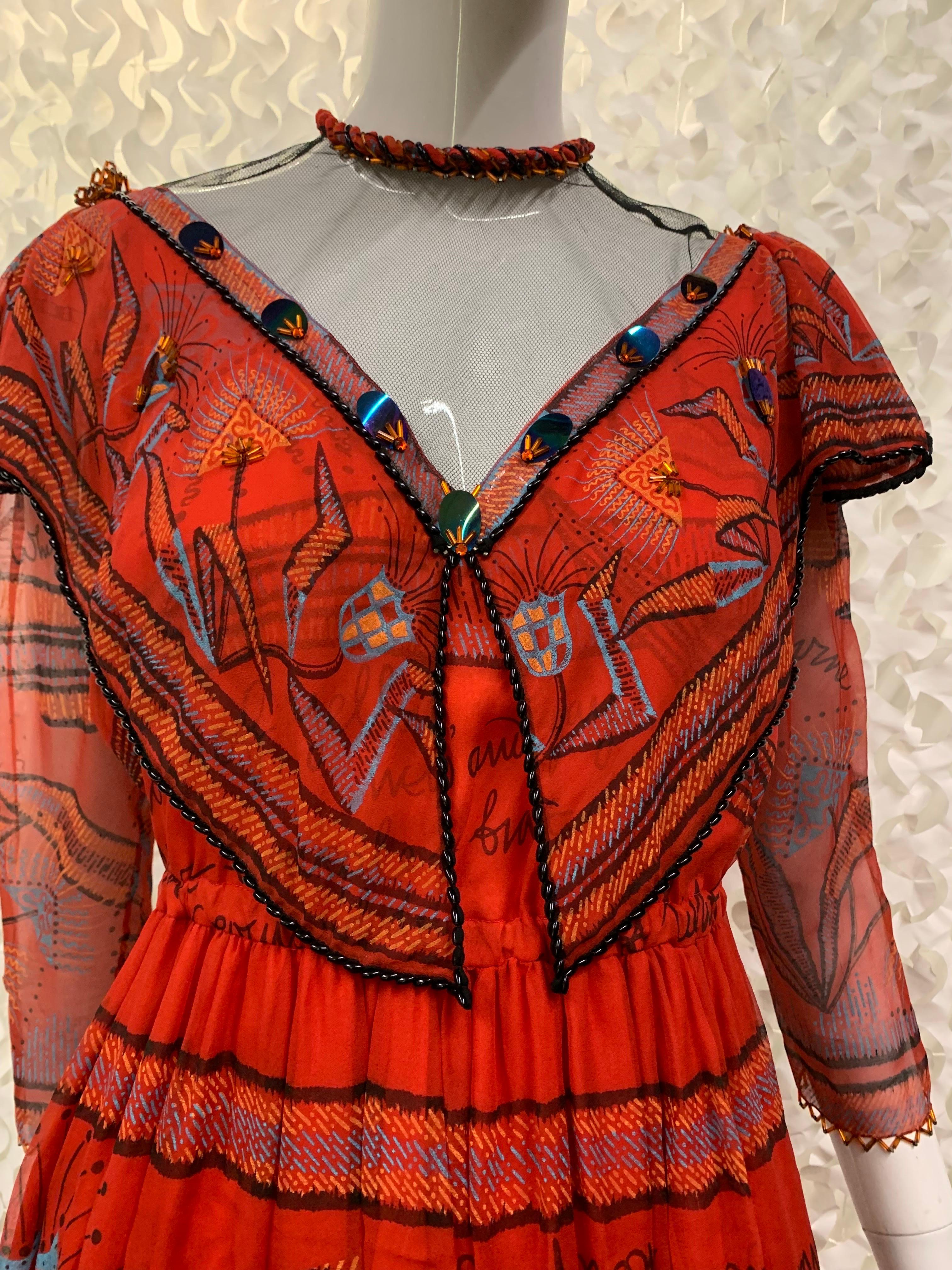 1970s Zandra Rhodes Red Silk Chiffon Print Boho London Maxi Dress w Bead Details For Sale 11