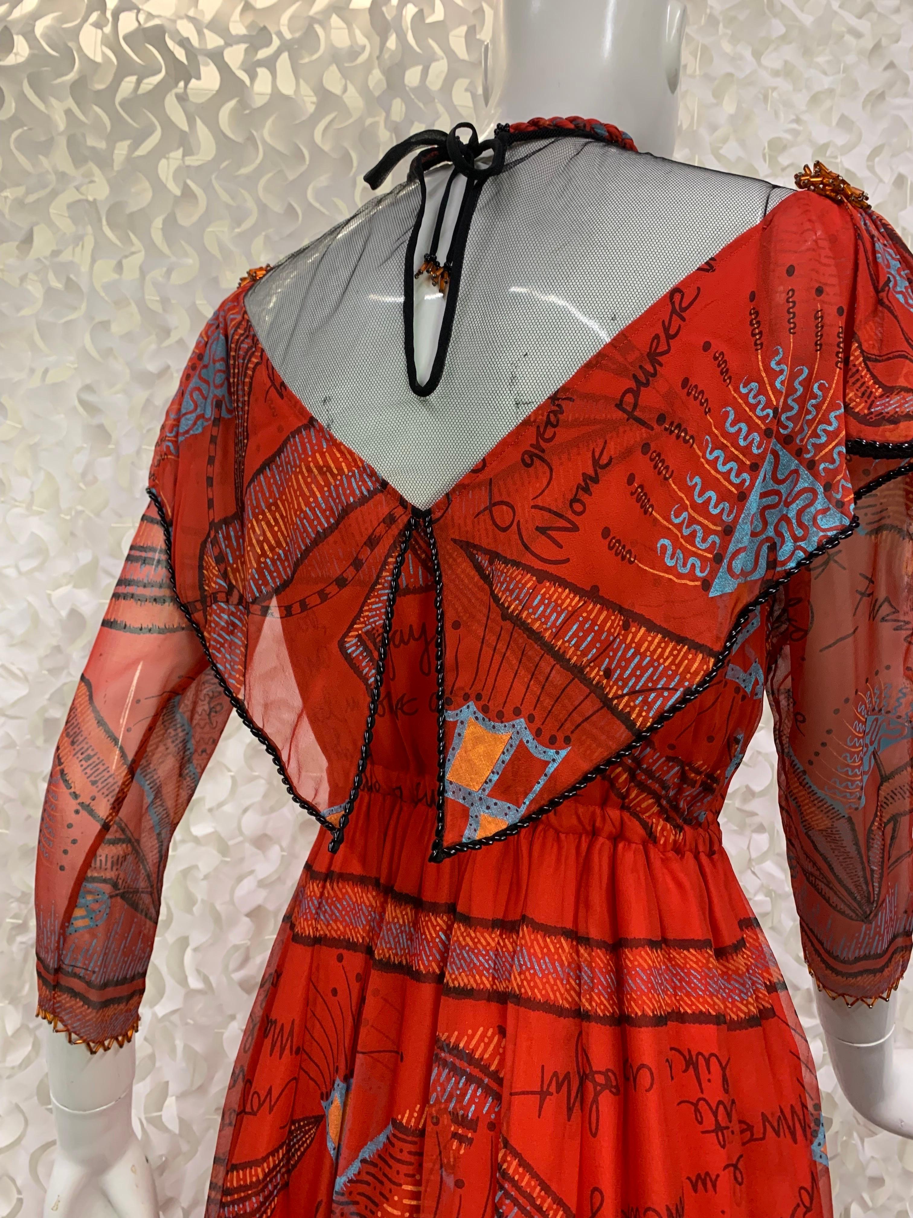 1970s Zandra Rhodes Red Silk Chiffon Print Boho London Maxi Dress w Bead Details For Sale 12