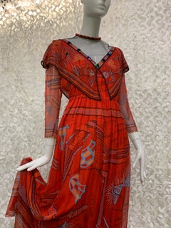 1970s Zandra Rhodes Red Silk Chiffon Print Boho London Maxi Dress w Bead Details