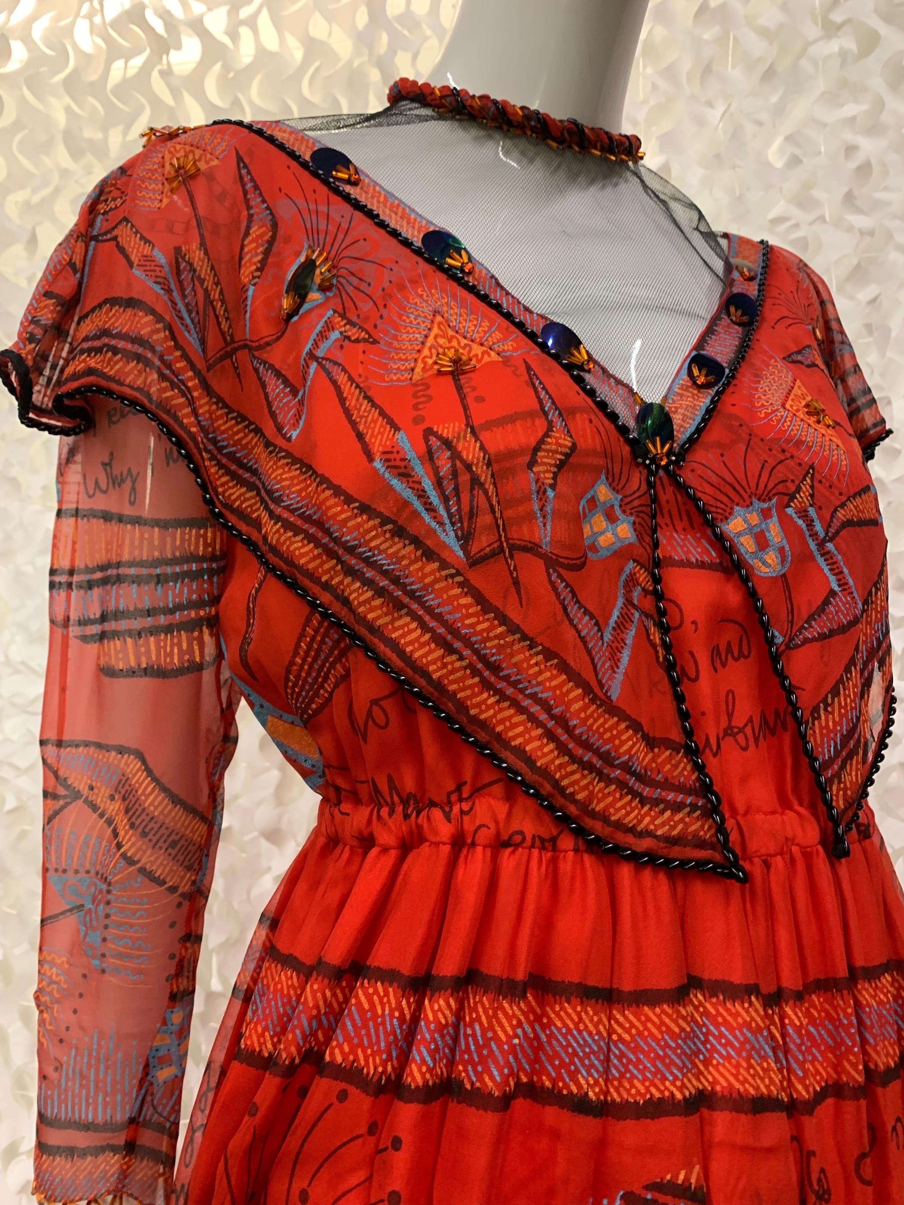 1970s Zandra Rhodes Red Silk Chiffon Print Boho London Maxi Dress w Bead Details In Excellent Condition For Sale In Gresham, OR