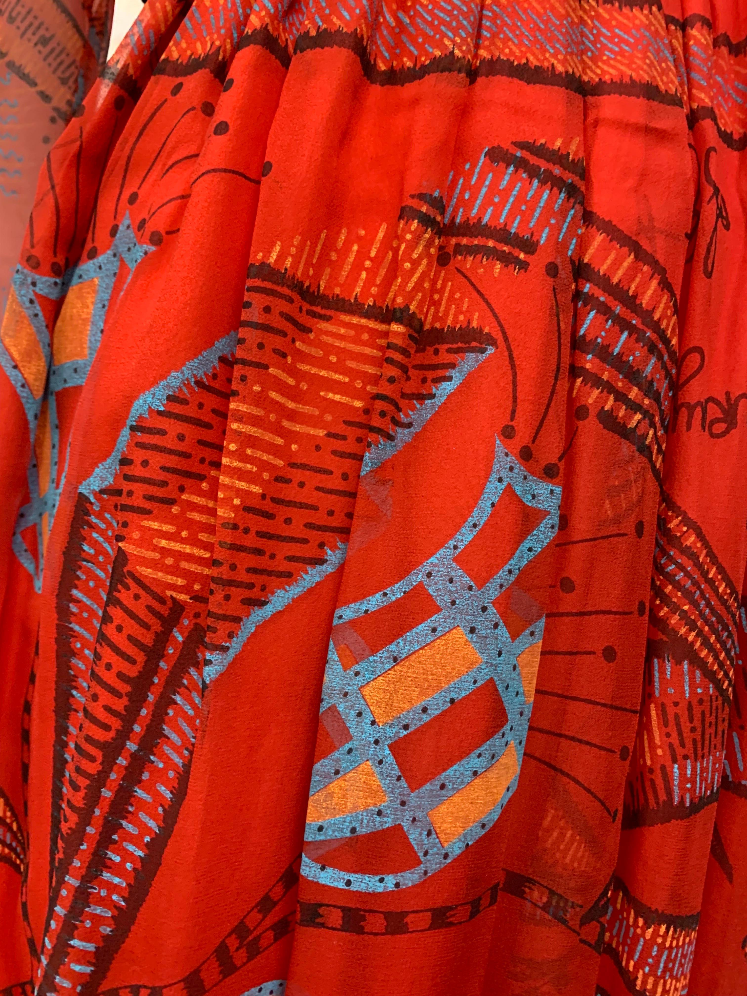 Women's 1970s Zandra Rhodes Red Silk Chiffon Print Boho London Maxi Dress w Bead Details For Sale
