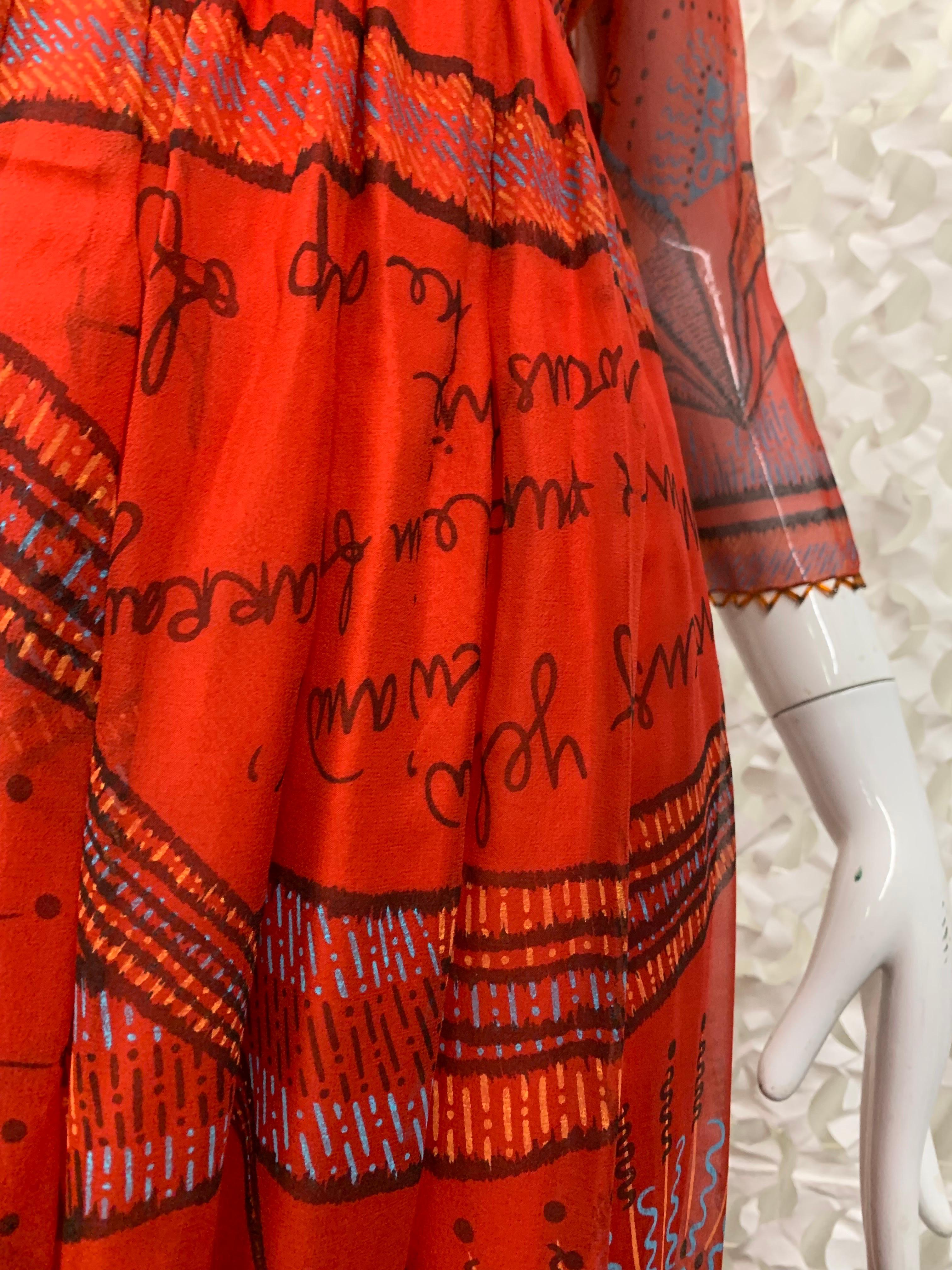1970s Zandra Rhodes Red Silk Chiffon Print Boho London Maxi Dress w Bead Details For Sale 1