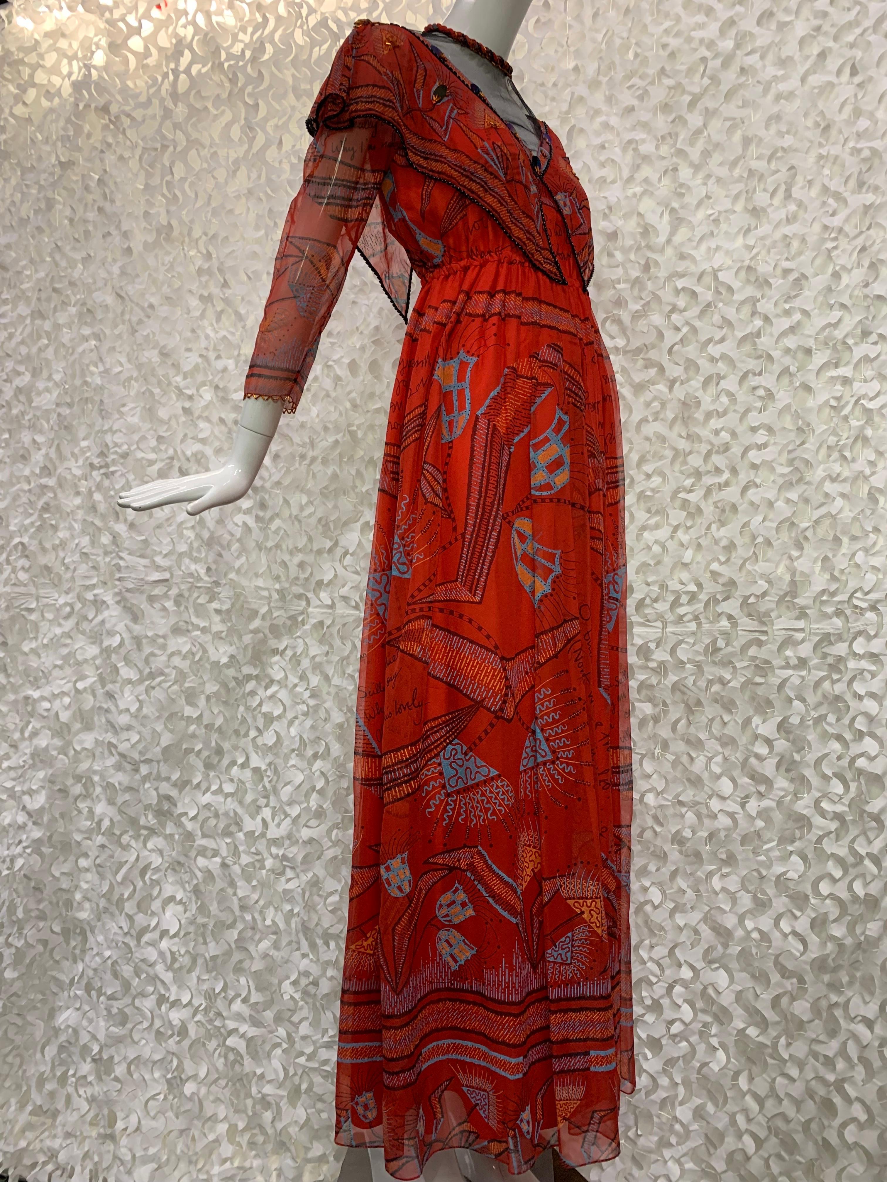 1970s Zandra Rhodes Red Silk Chiffon Print Boho London Maxi Dress w Bead Details For Sale 2
