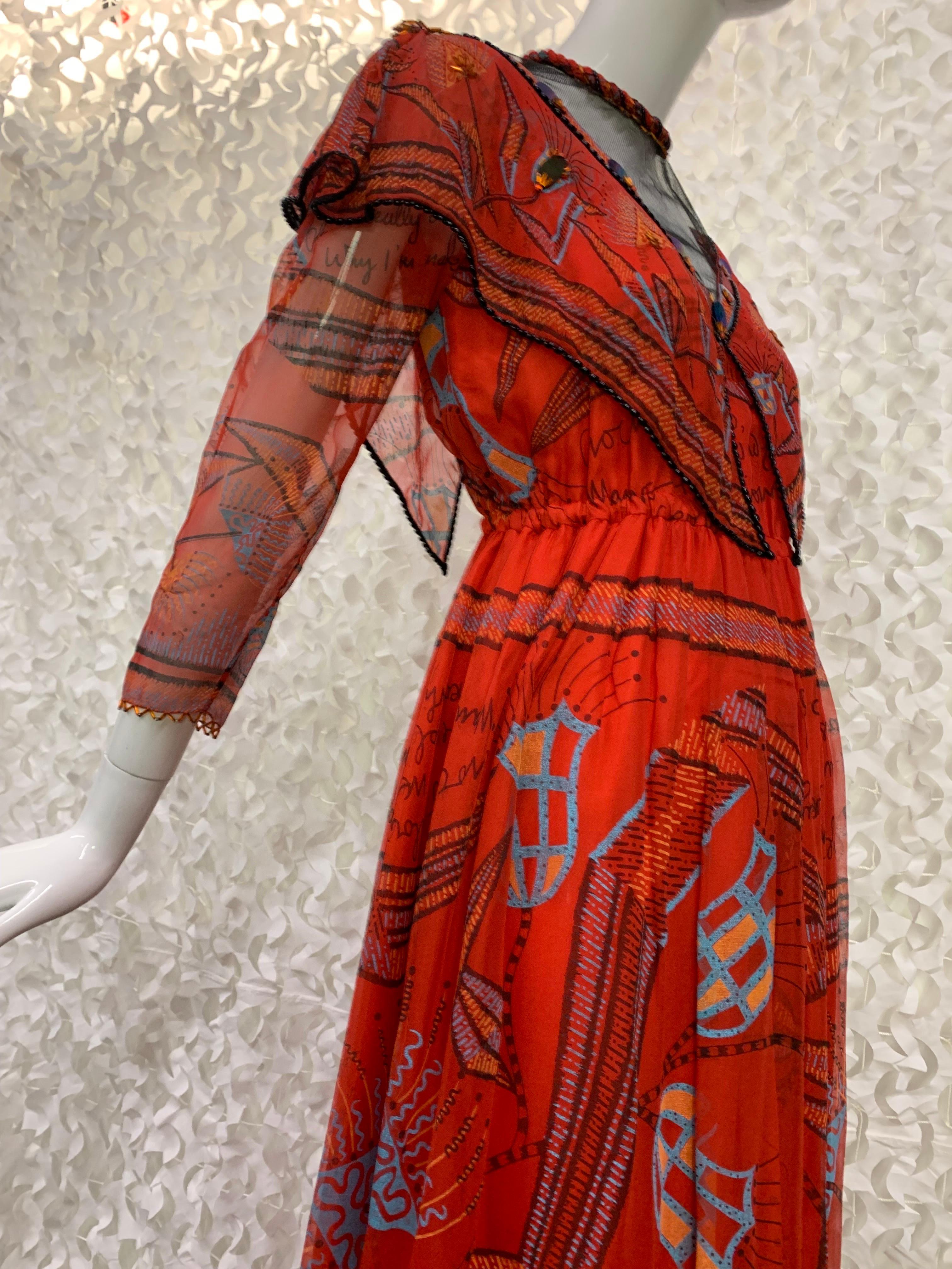 1970s Zandra Rhodes Red Silk Chiffon Print Boho London Maxi Dress w Bead Details For Sale 3