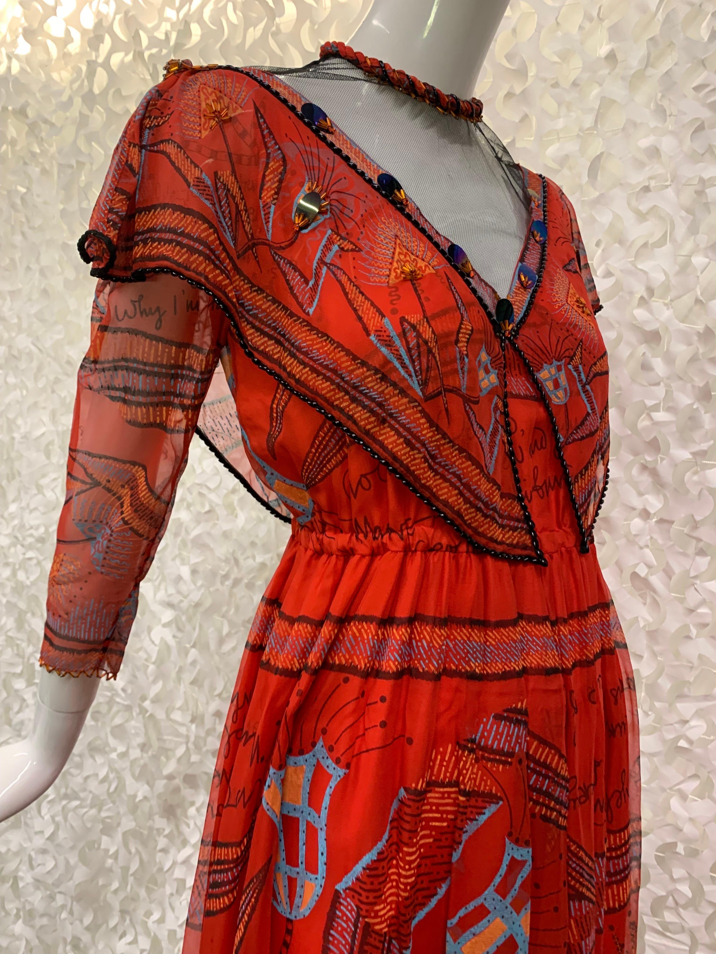1970s Zandra Rhodes Red Silk Chiffon Print Boho London Maxi Dress w Bead Details For Sale 4