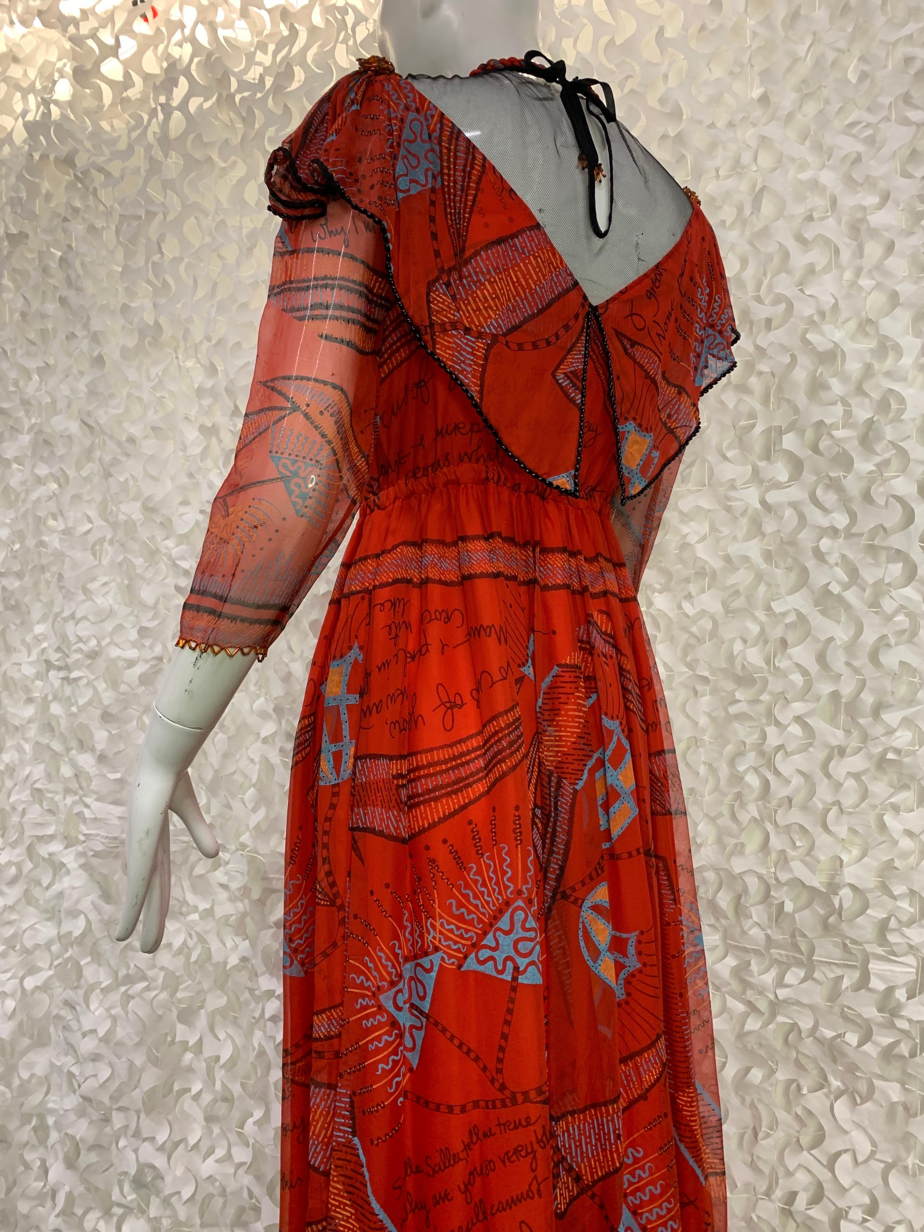 1970s Zandra Rhodes Red Silk Chiffon Print Boho London Maxi Dress w Bead Details For Sale 5