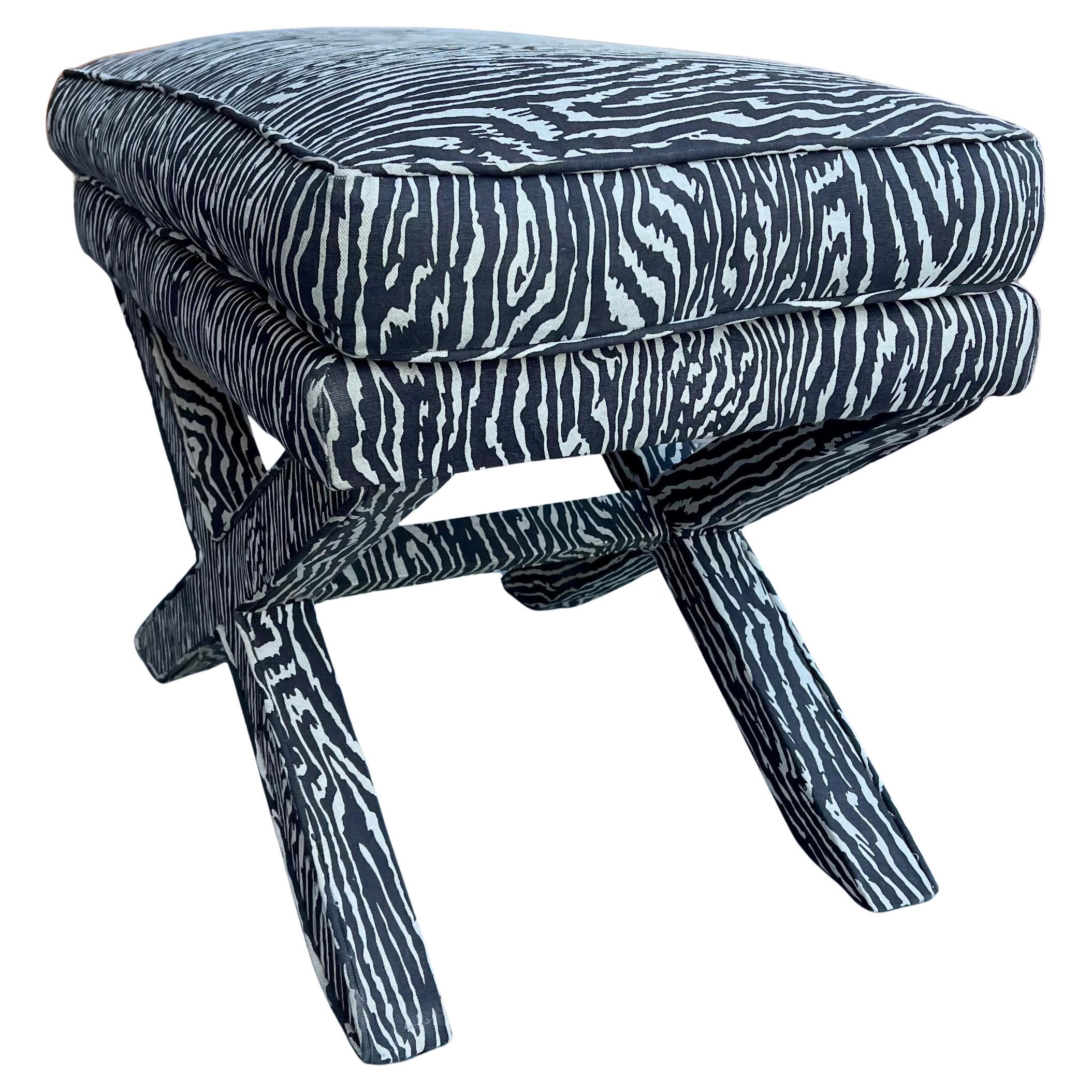 A rare unique X base upholstered long bench all original fabric down feather pillow very nice and clean , circa 1970's no stains ot tears .