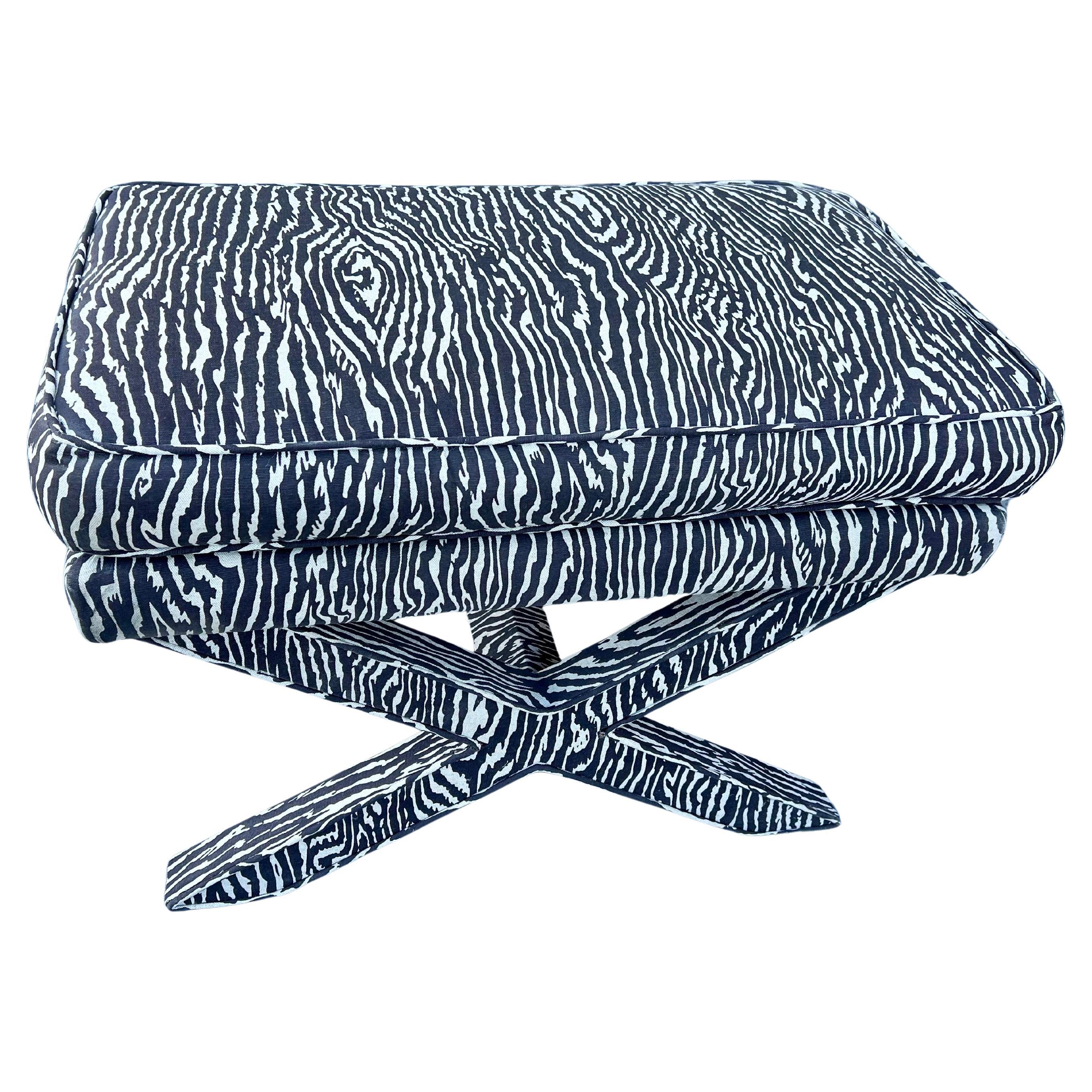 Post-Modern 1970's Zebra Fabric X Base Large Stool / Bench For Sale