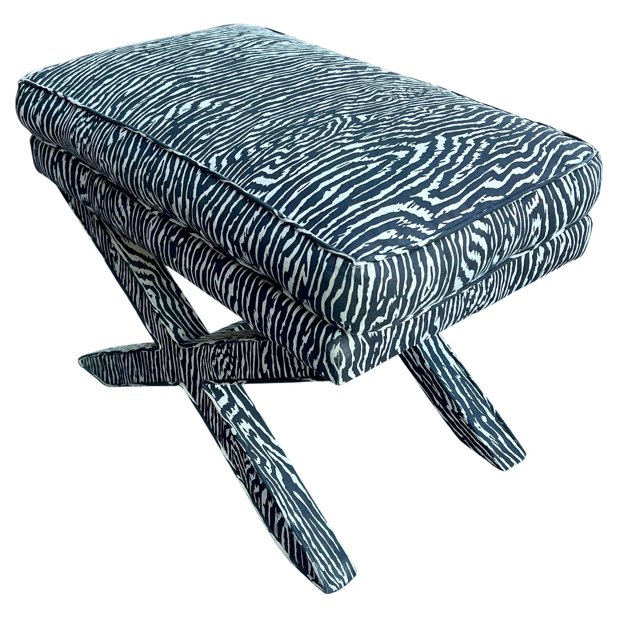 American 1970's Zebra Fabric X Base Large Stool / Bench For Sale