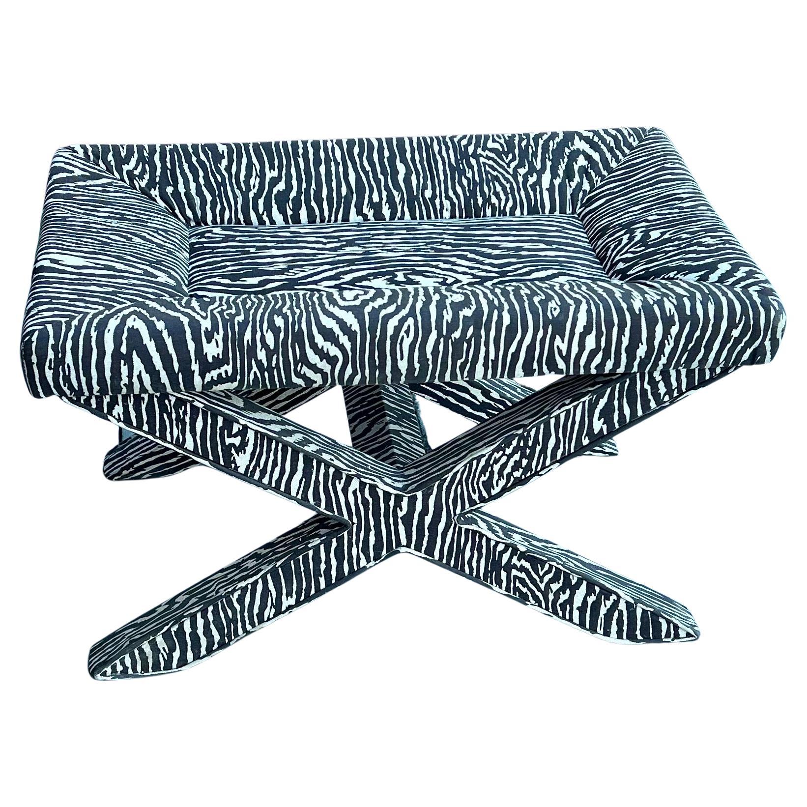 1970's Zebra Fabric X Base Large Stool / Bench In Good Condition For Sale In San Diego, CA