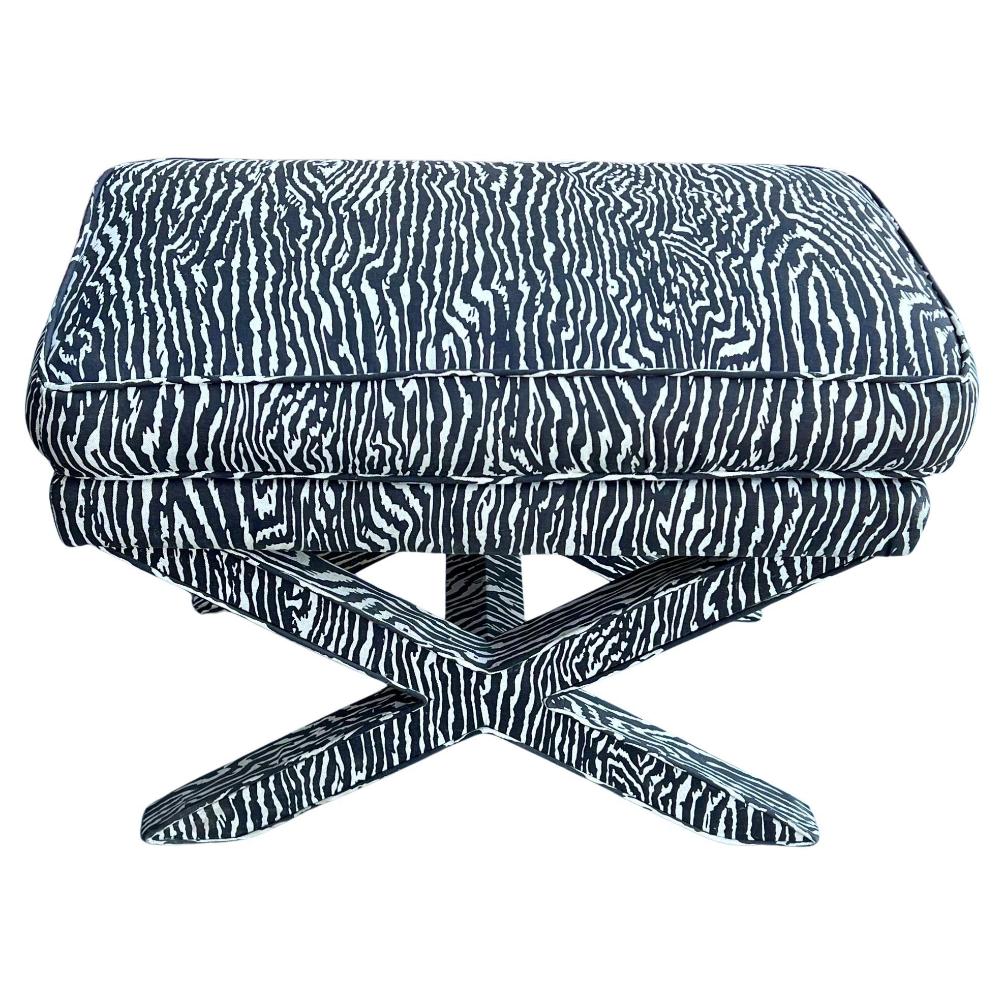 1970's Zebra Fabric X Base Large Stool / Bench For Sale