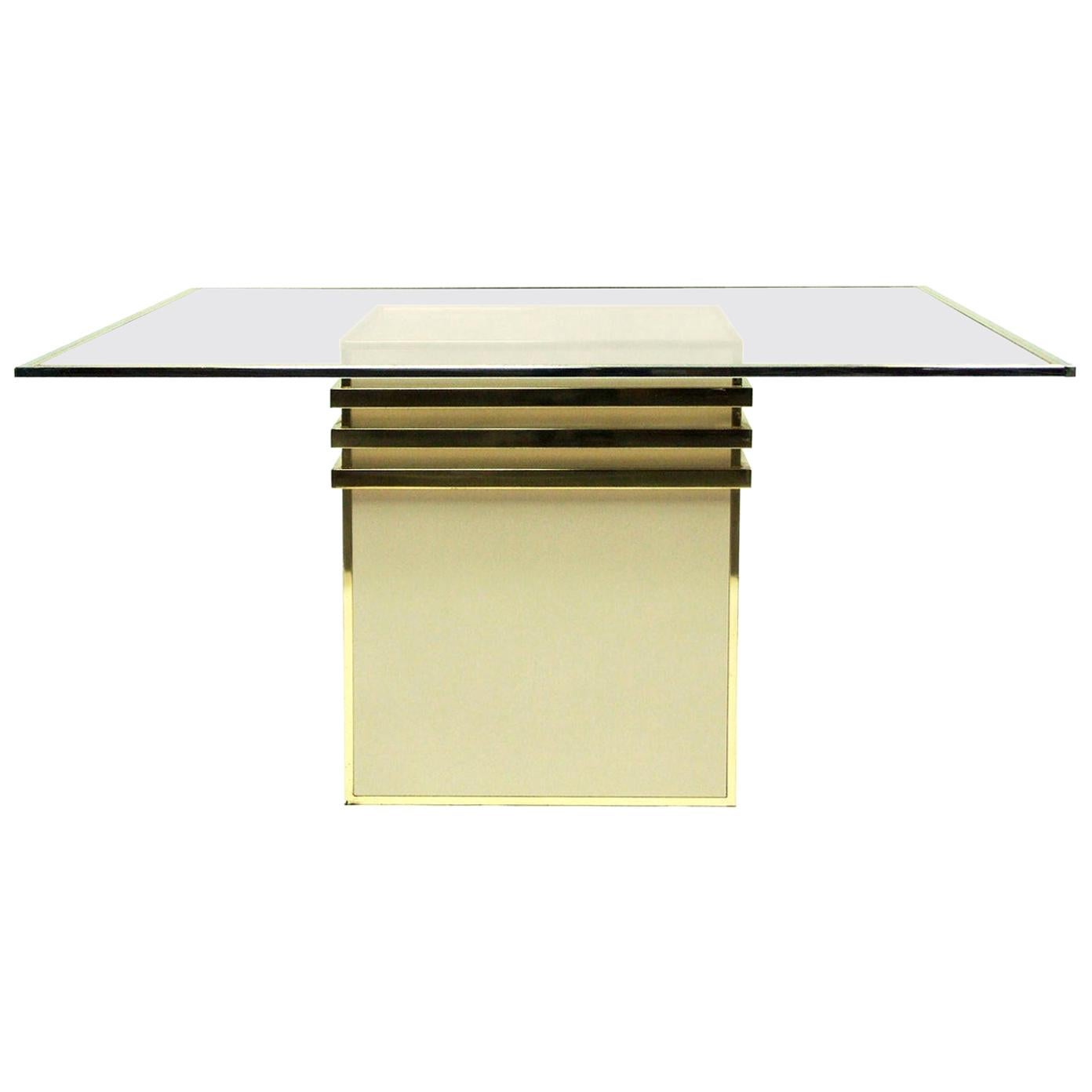 1970s Zevi Square Cream Glass and Brass Dining Table Italian For Sale