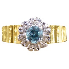 Retro 1970's Zircon and Diamond Cluster Bark Effect Ring in 18ct Yellow and White Gold