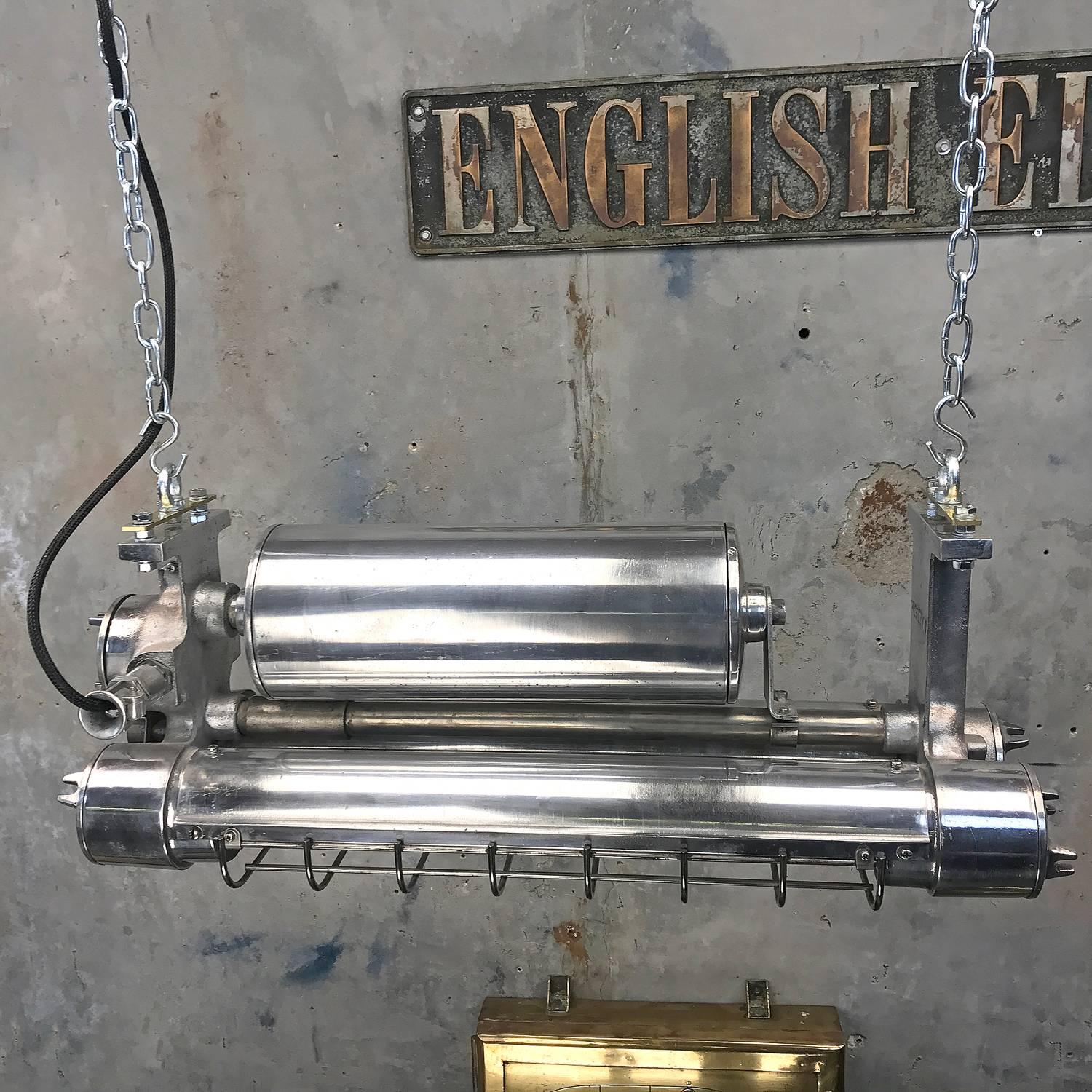1970s, Japanese Aluminium Flameproof Strip Light, Brass Fittings & Chrome Cage 1