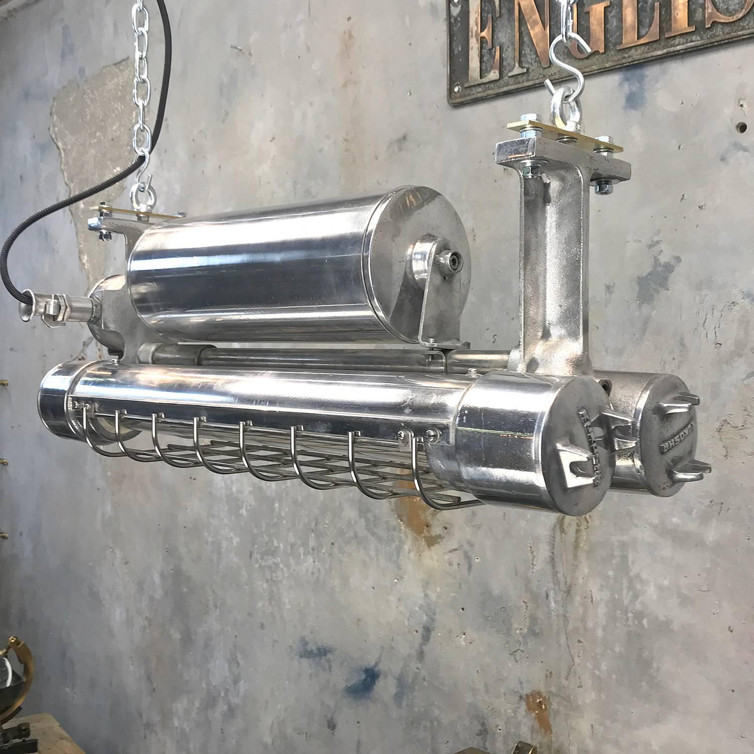 1970s, Japanese Aluminium Flameproof Strip Light, Brass Fittings & Chrome Cage In Excellent Condition In Leicester, Leicestershire