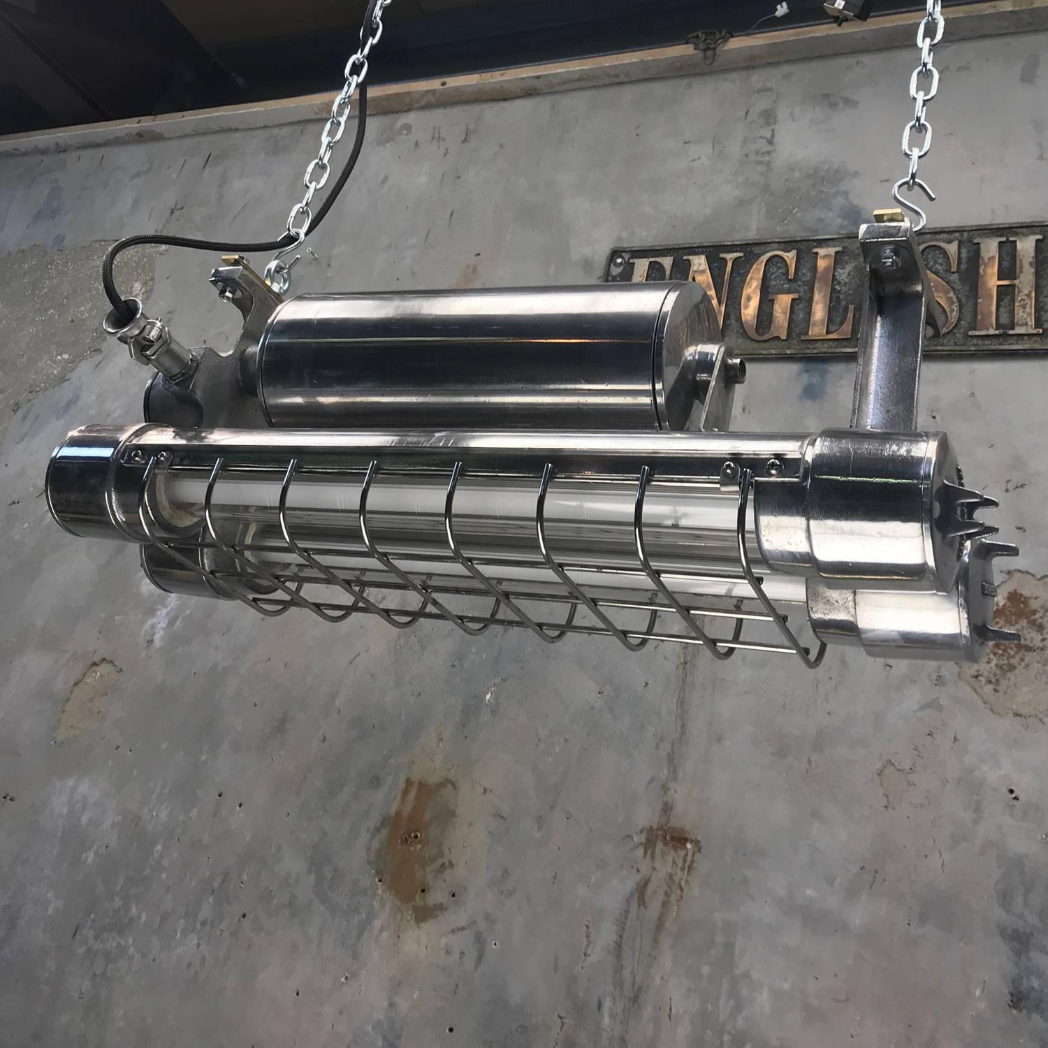 Late 20th Century 1970s, Japanese Aluminium Flameproof Strip Light, Brass Fittings & Chrome Cage