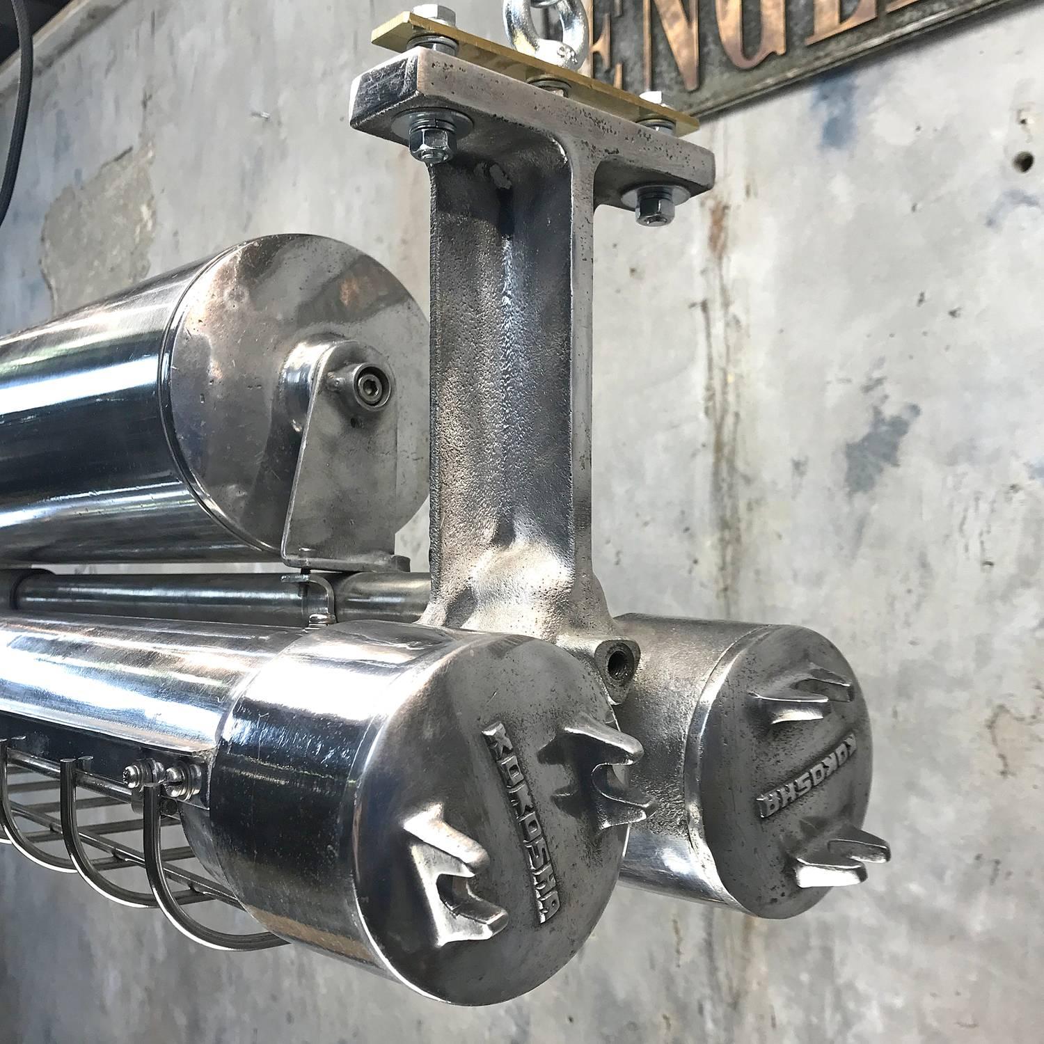 Aluminum 1970s, Japanese Aluminium Flameproof Strip Light, Brass Fittings & Chrome Cage