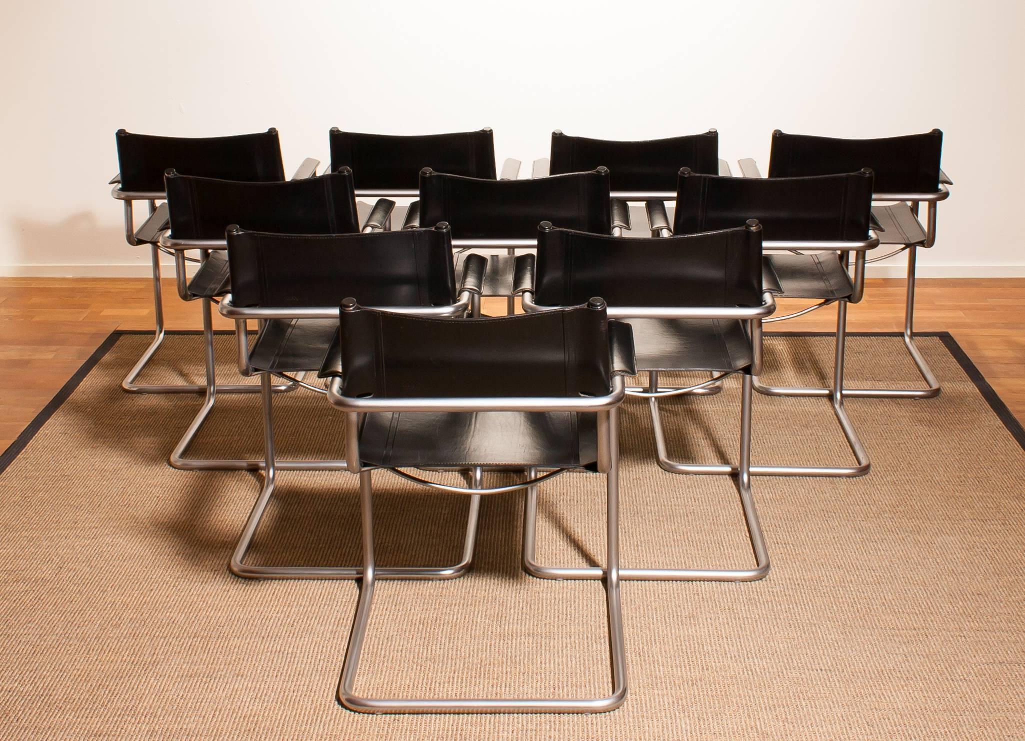 1970s, Set of Ten Tubular Steel and Leather Dining Chairs by Matteo Grassi 1
