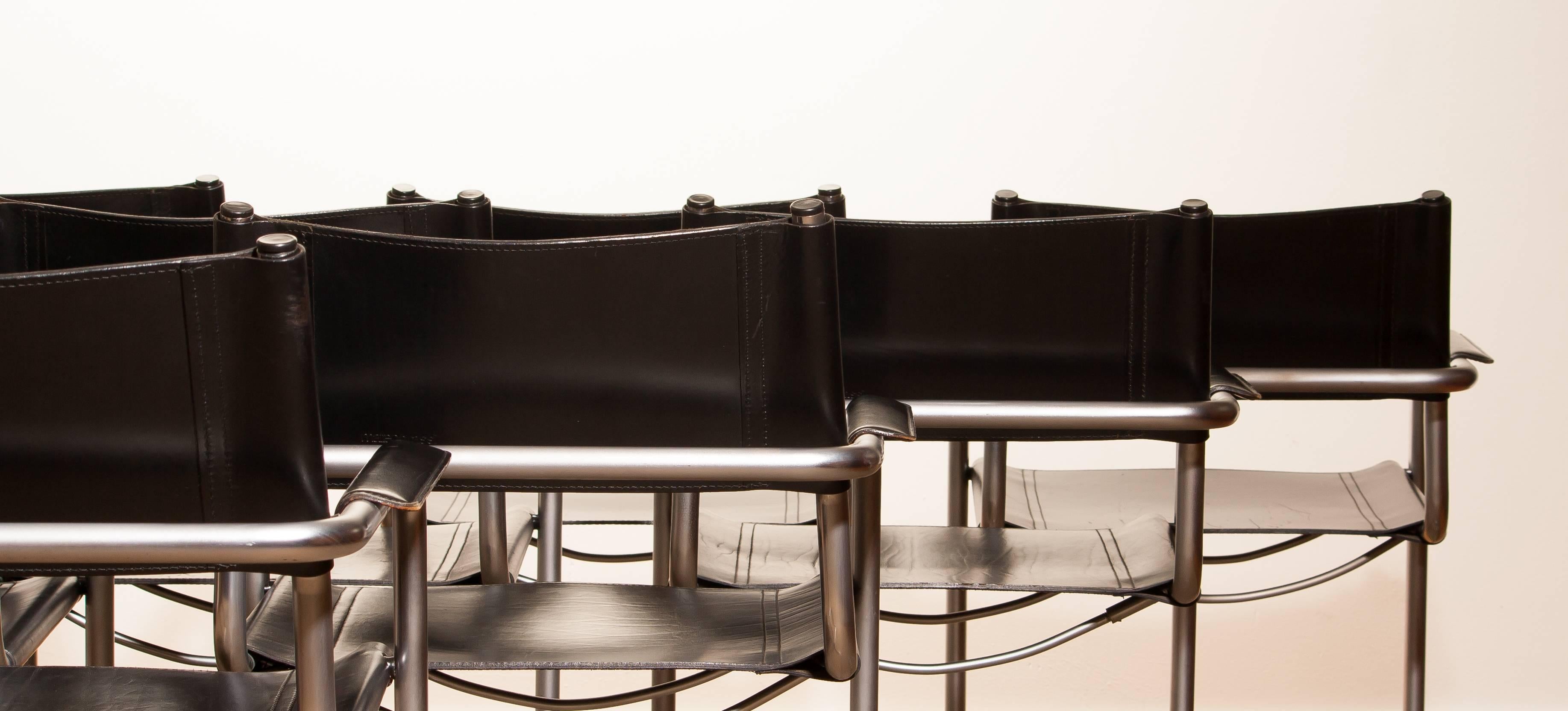 1970s, Set of Ten Tubular Steel and Leather Dining Chairs by Matteo Grassi 3