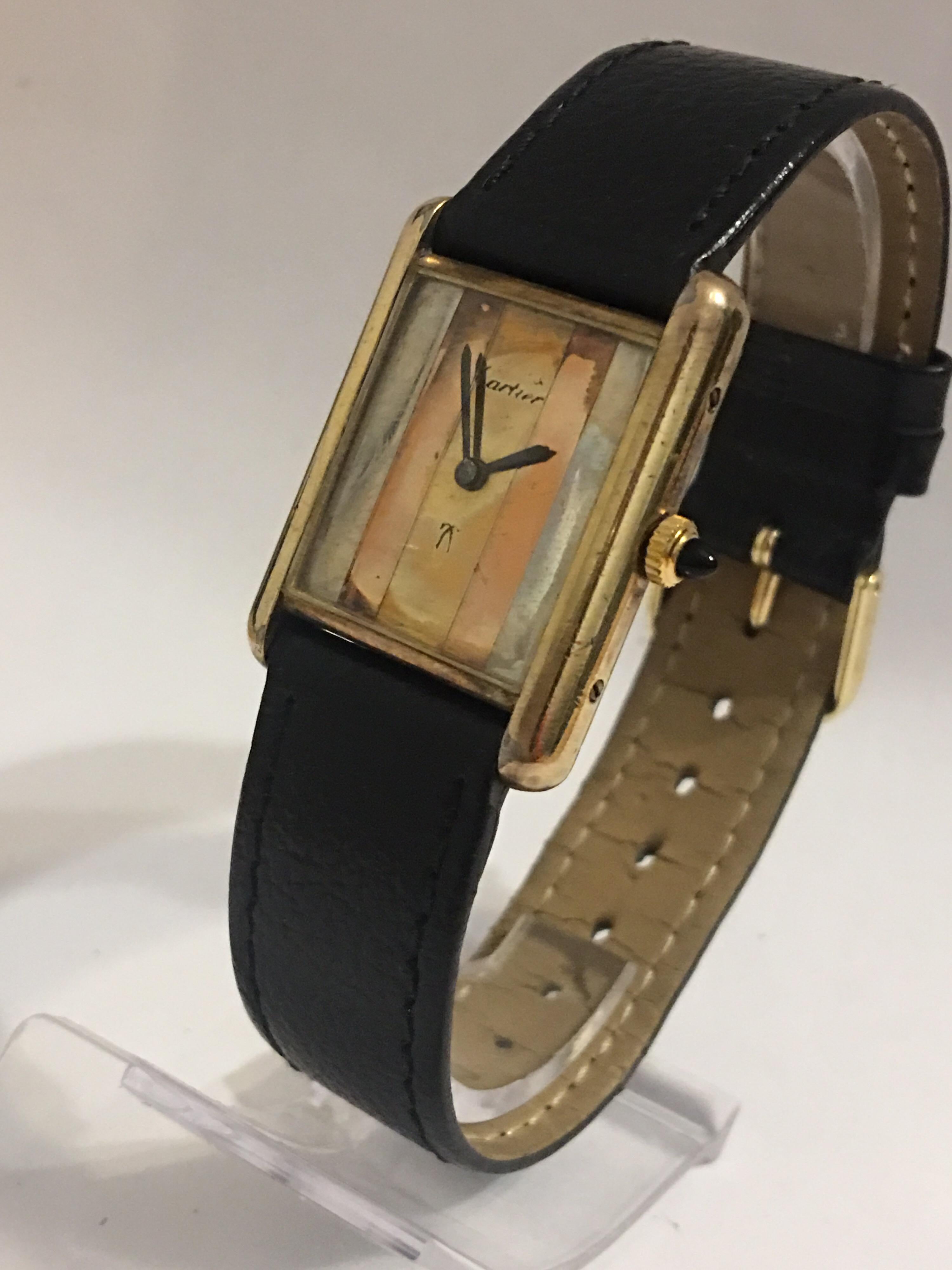 1970s Must de Cartier Paris Silver-Gilt Mechanical Tank Watch, Striped Gold Dial 4